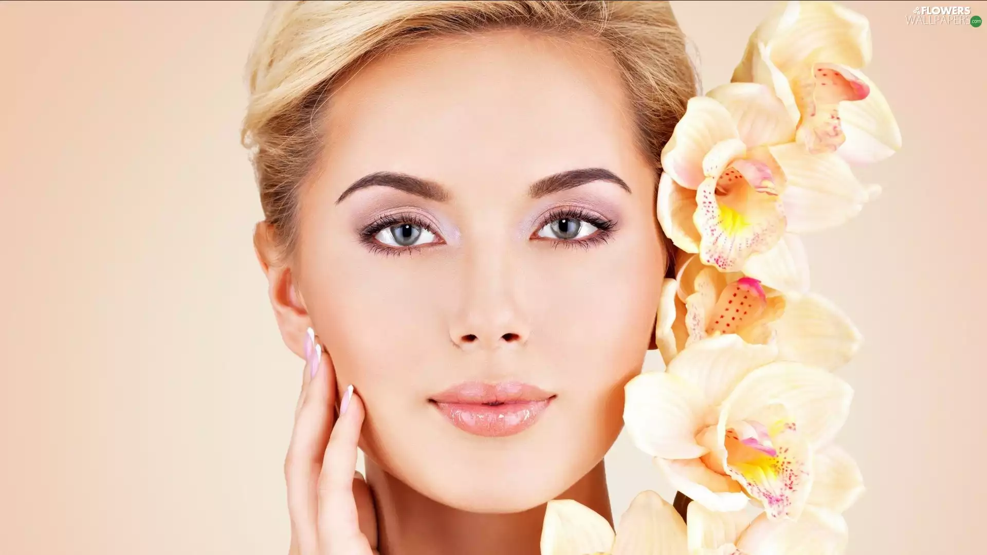 girl, Flowers, orchids, face