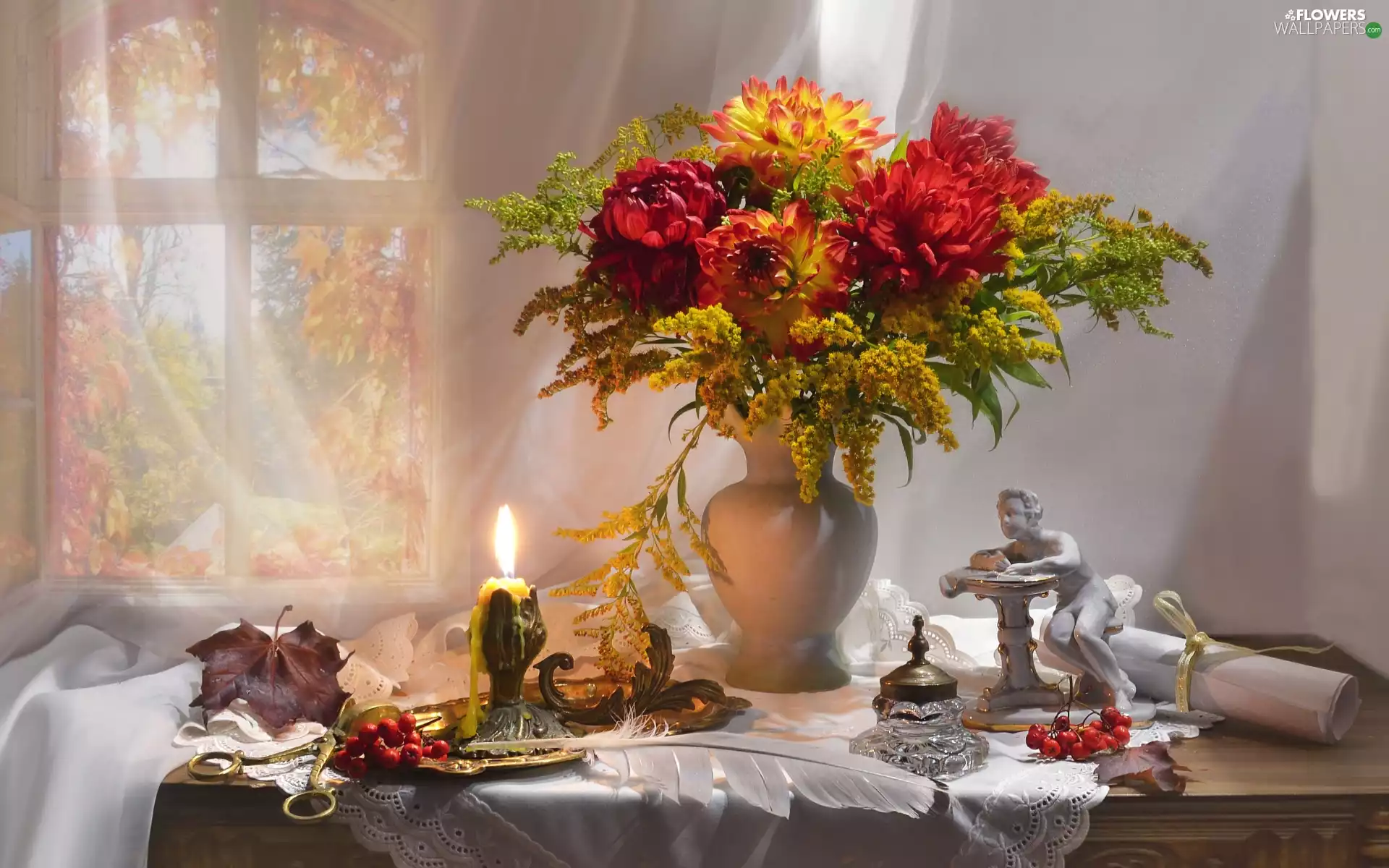 figure, bouquet, Goldenrod, pen, Vase, Flowers, dahlias, composition, candle, Window