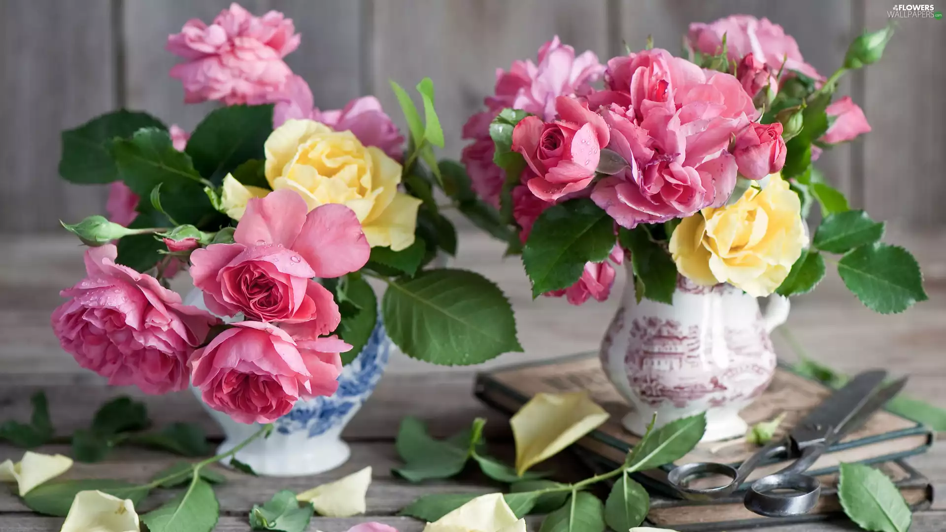 vases, roses, Books Scissors, porcelain, Bouquets, vases, flakes