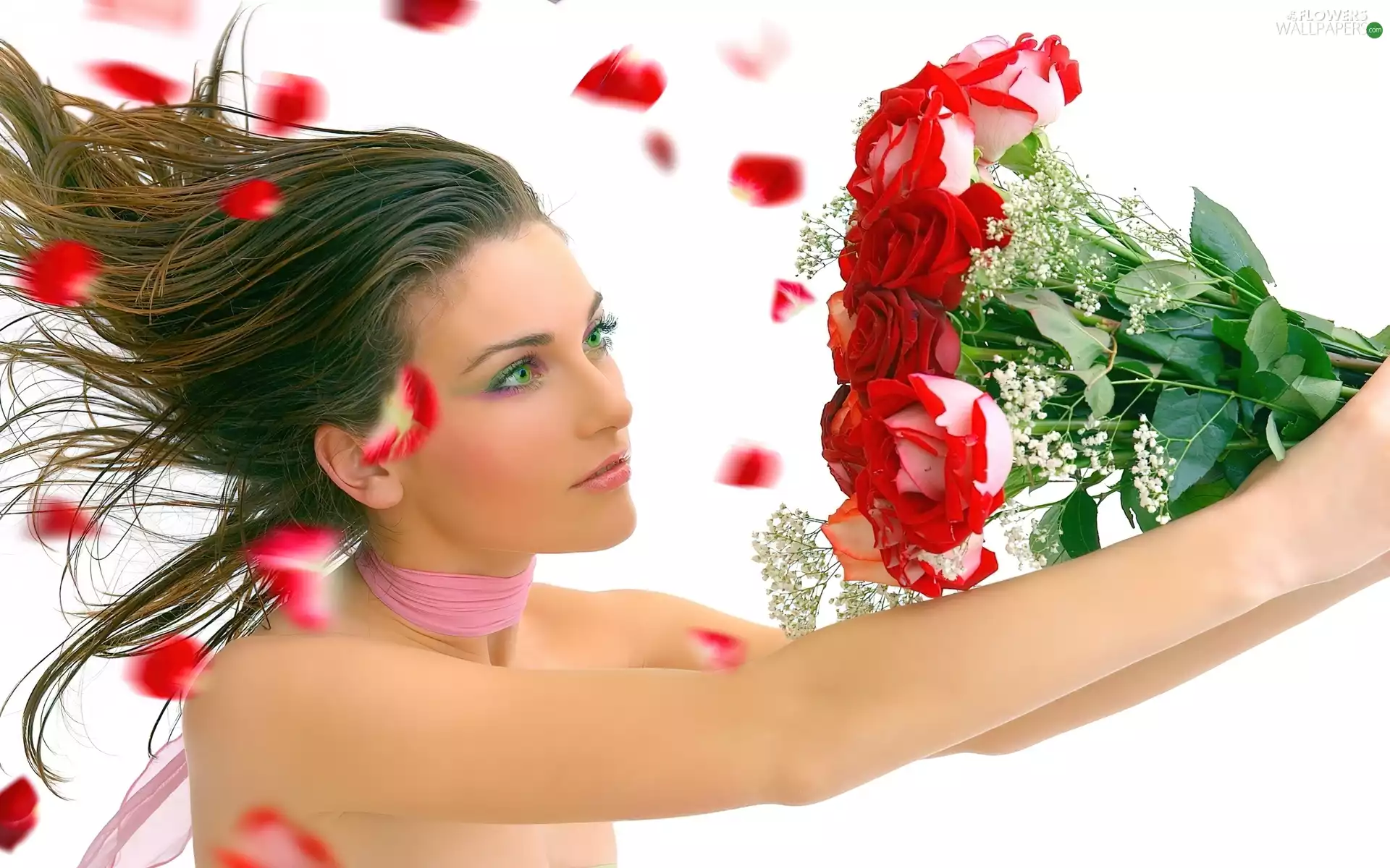 roses, flakes, bouquet, Red, Women
