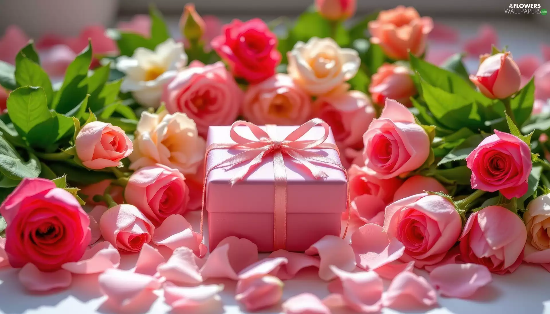 roses, flakes, Present, bow, Box