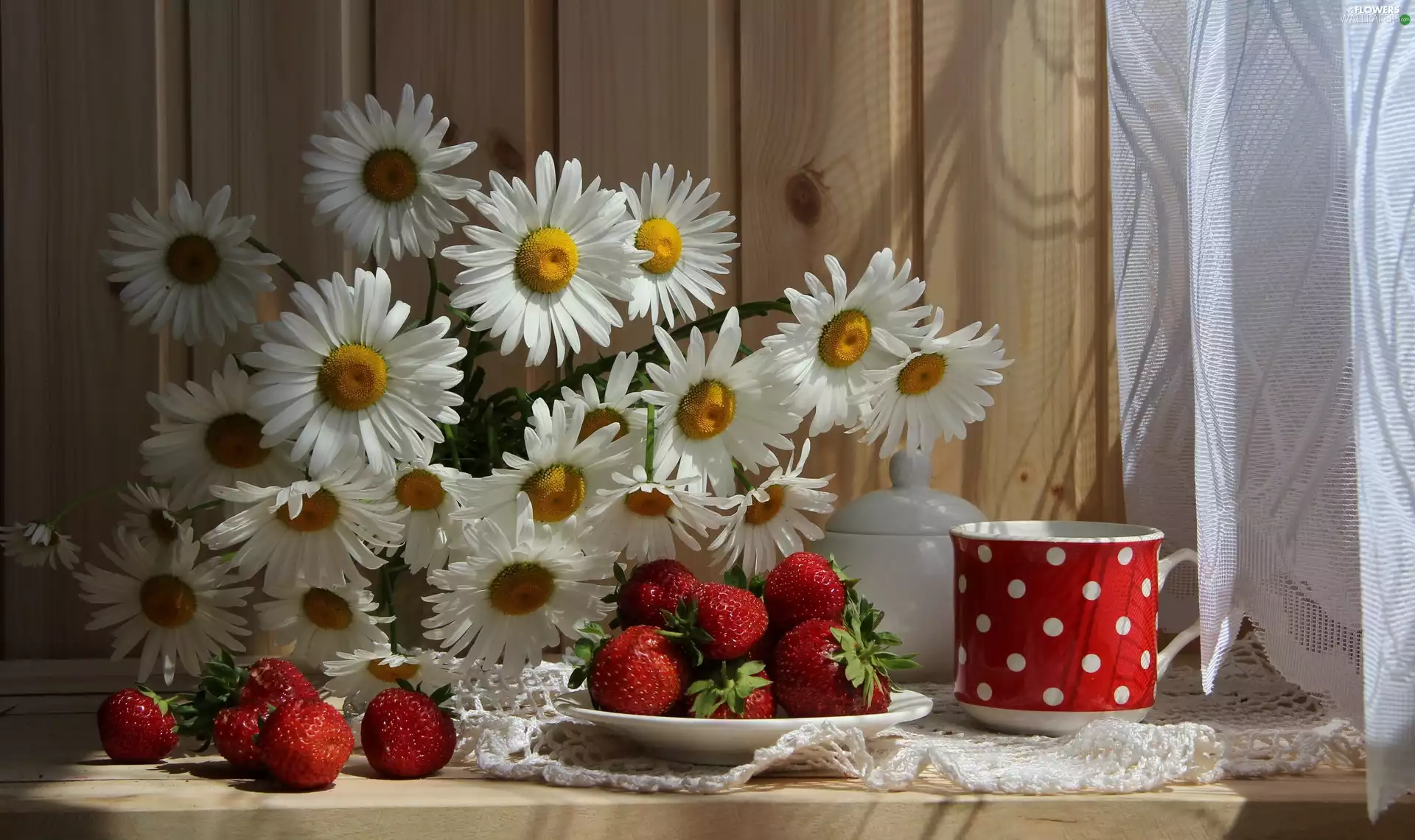 Flowers, composition, Window, strawberries, ligh, luminosity, flash, bouquet, daisy, sun, curtain