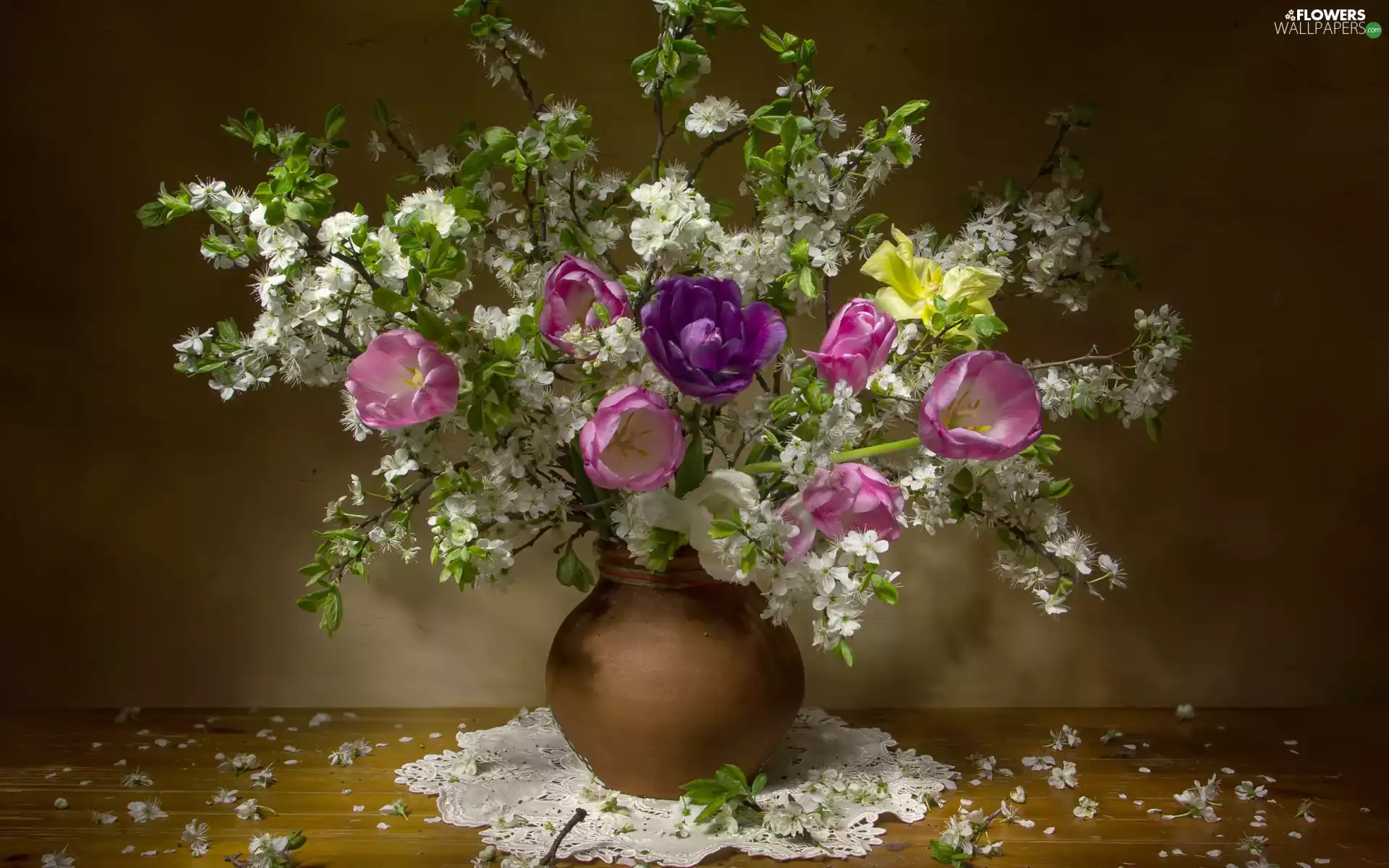 Twigs, Flowers, Vase, Flourished, bouquet, Tulips, napkin