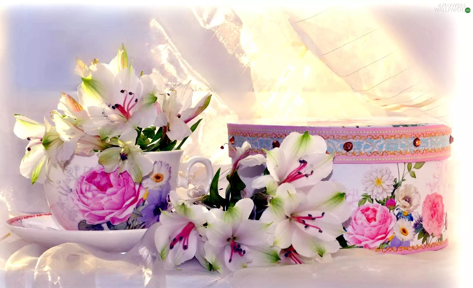 casket, cup, textile, Flower, Alstroemeria, tulle, composition