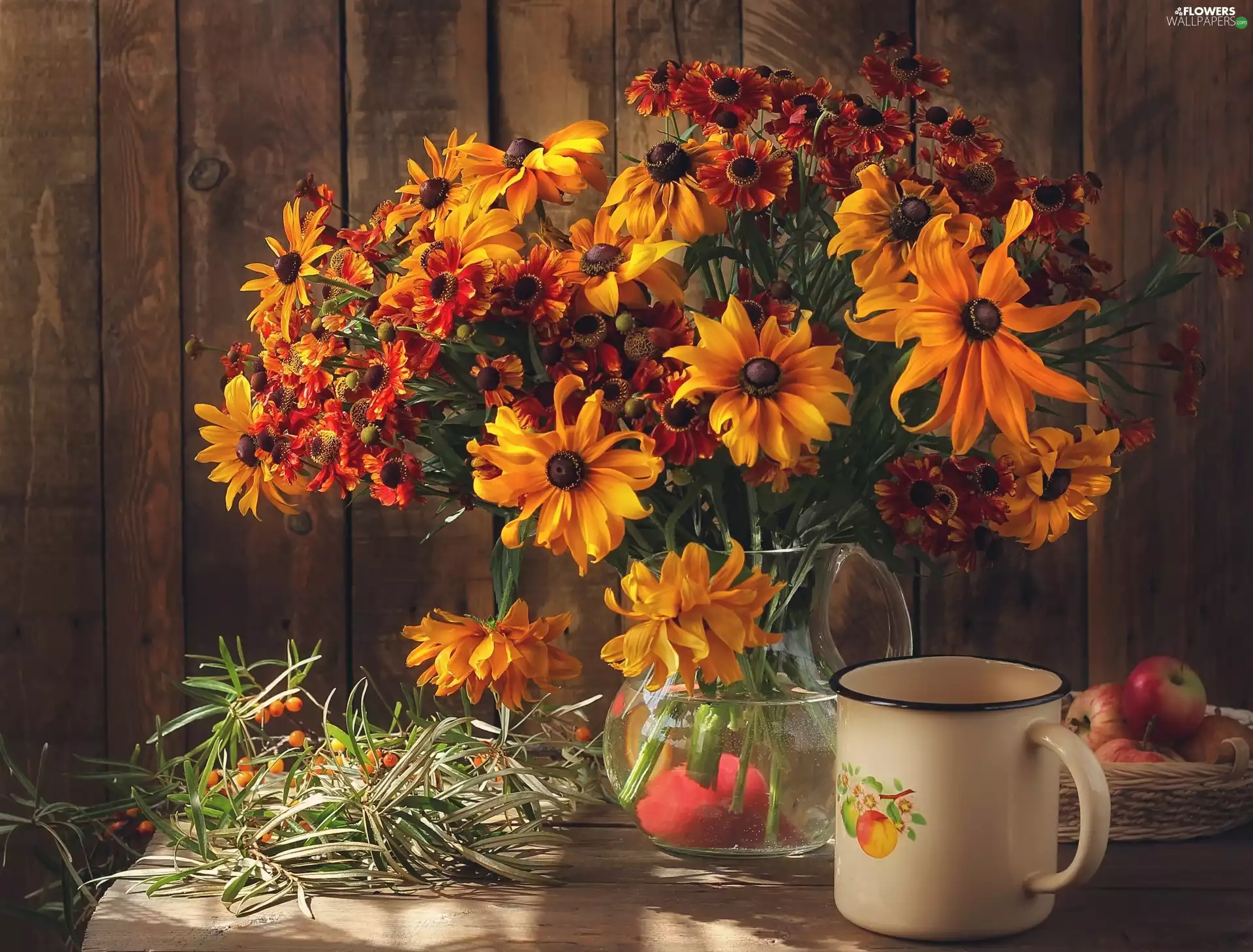 Rudbeckia, bouquet, apples, flowers, composition, Helenium, mug