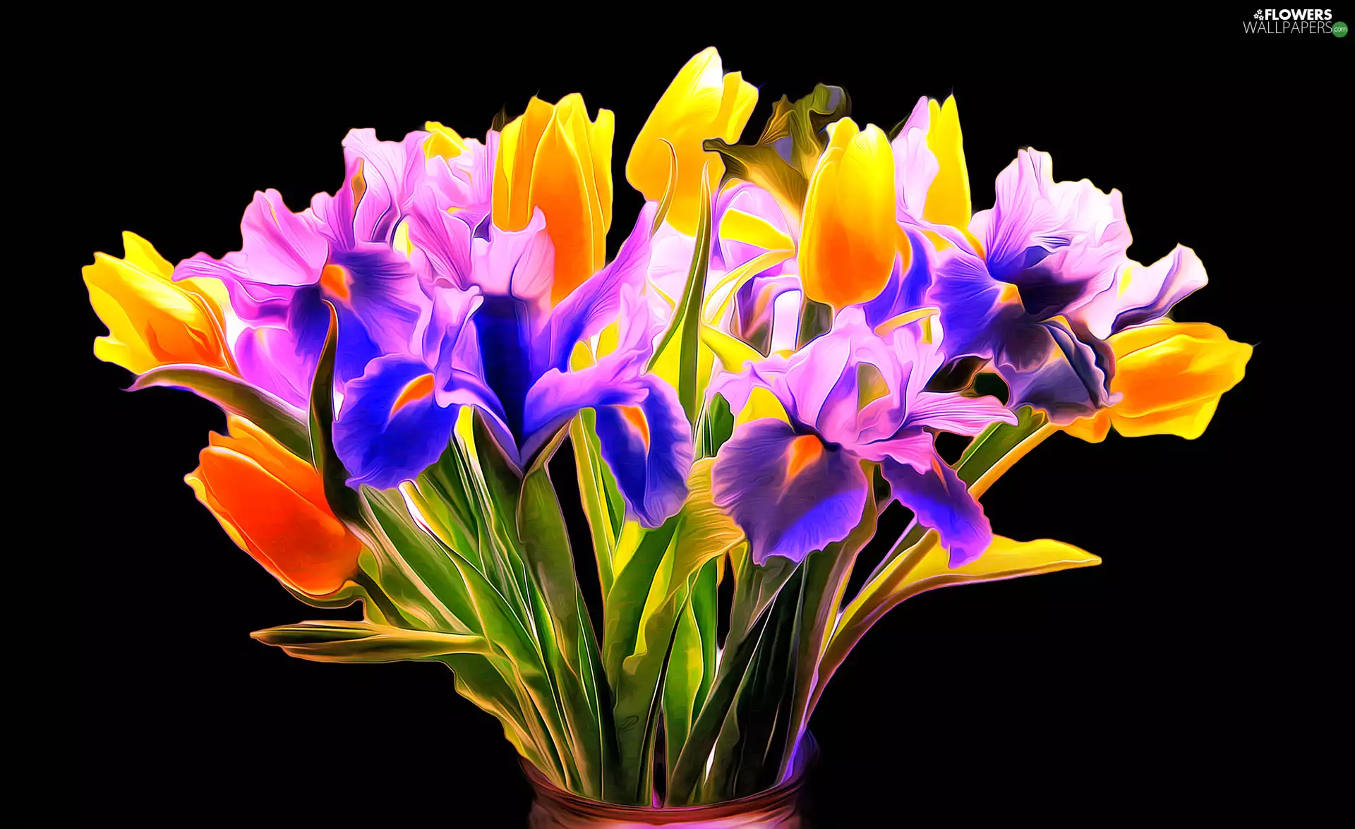 Irises, black background, Fractalius, Tulips, Bouquet of Flowers