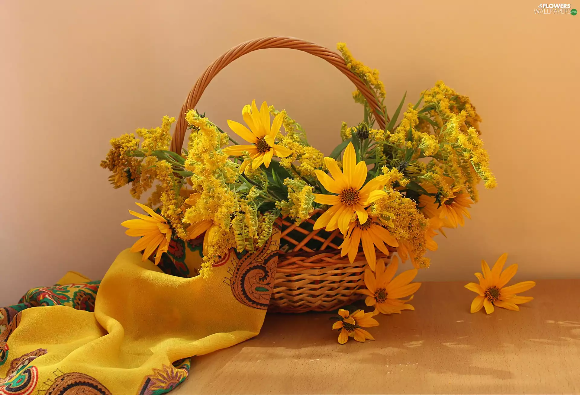 Goldenrod, decorative Sunflowers, Flowers, bouquet, basket