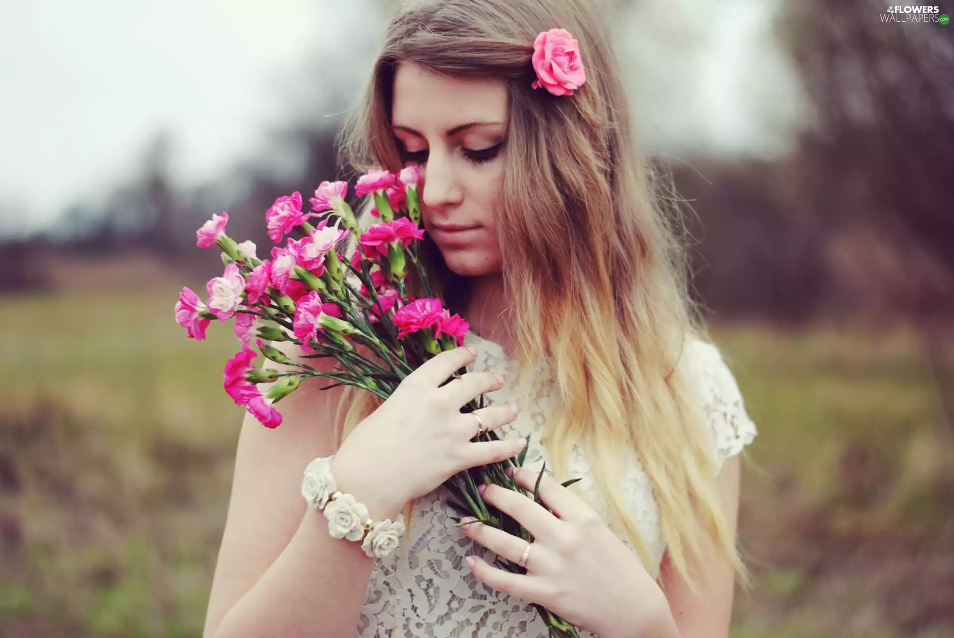 pink, flowers, Blonde, bouquet, Women