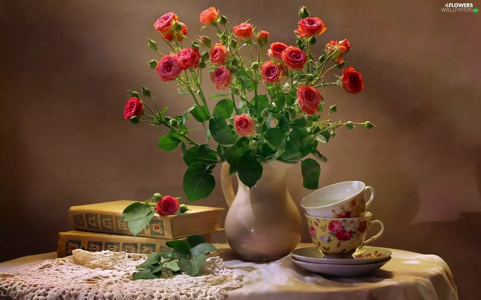 bouquet, Flowers, Books, cups, composition