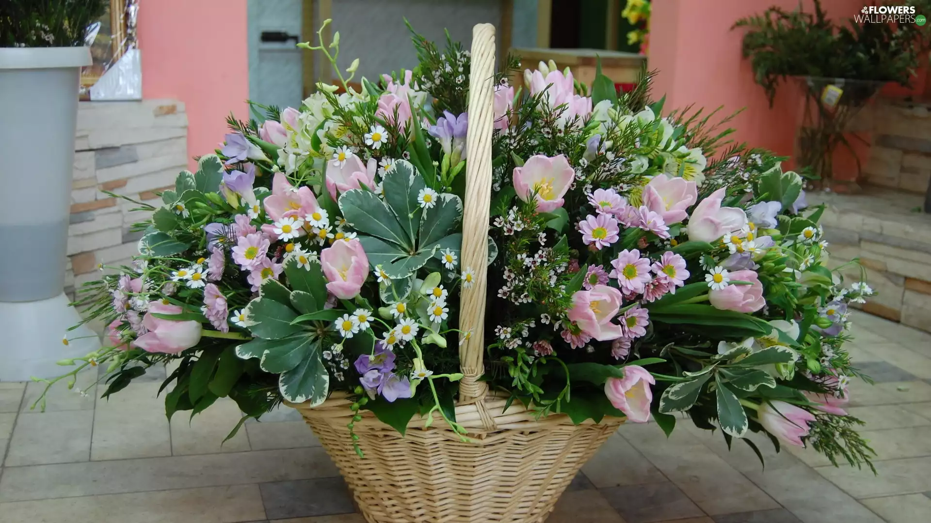 bouquet, wicker, basket, Flowers