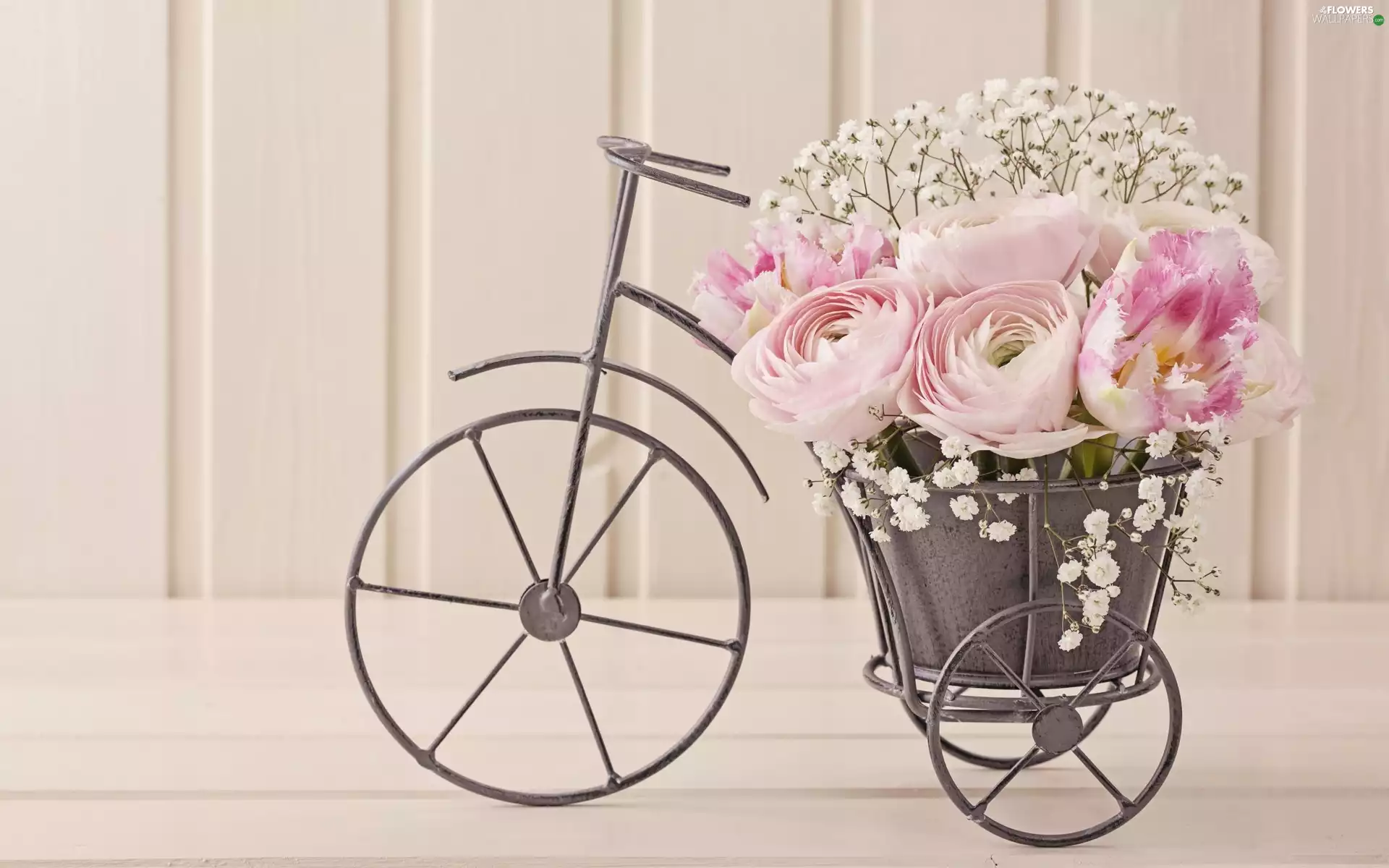 bouquet, pot, Bicycle, flowers