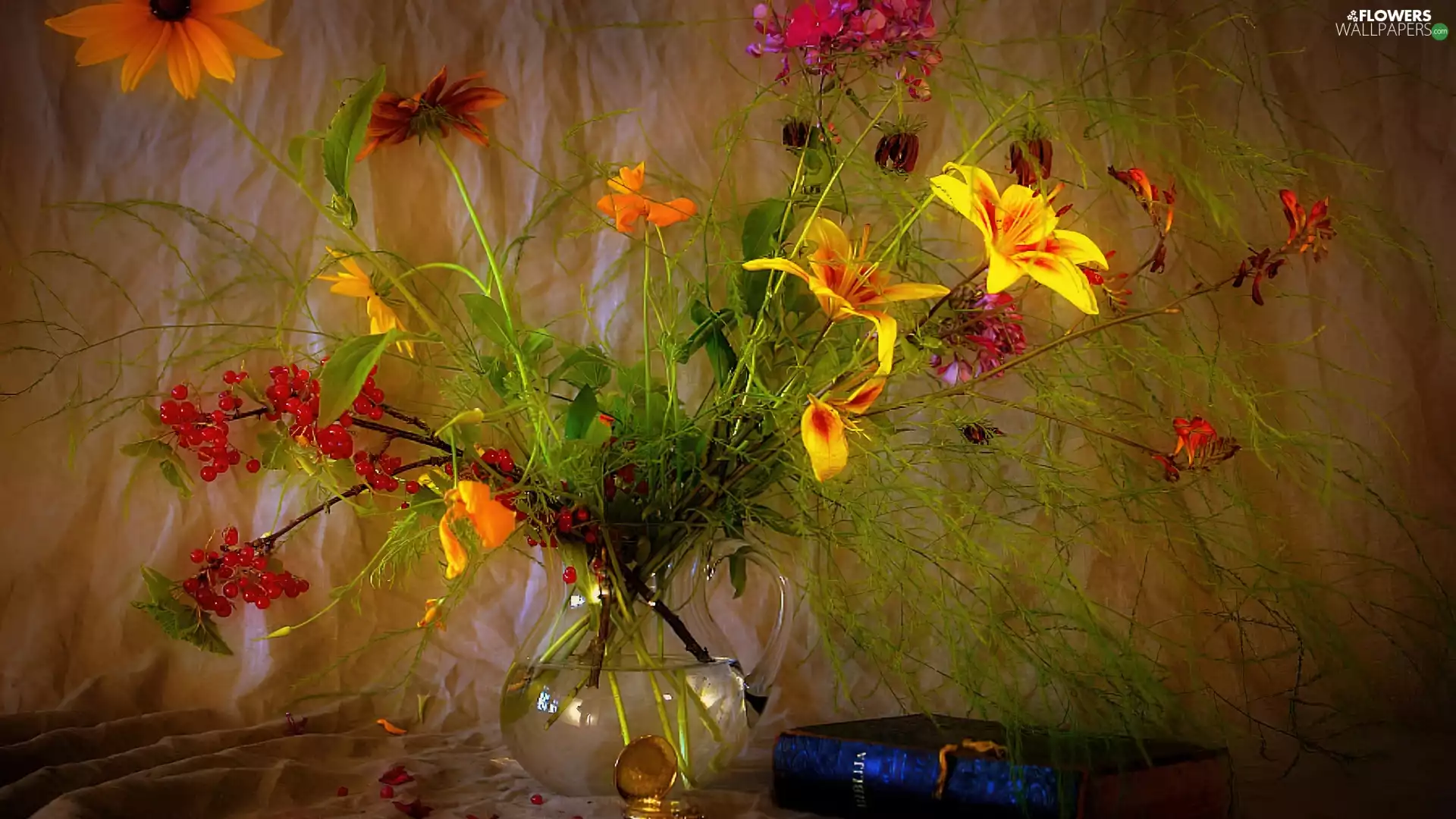 bouquet, Vase, Book, Flowers