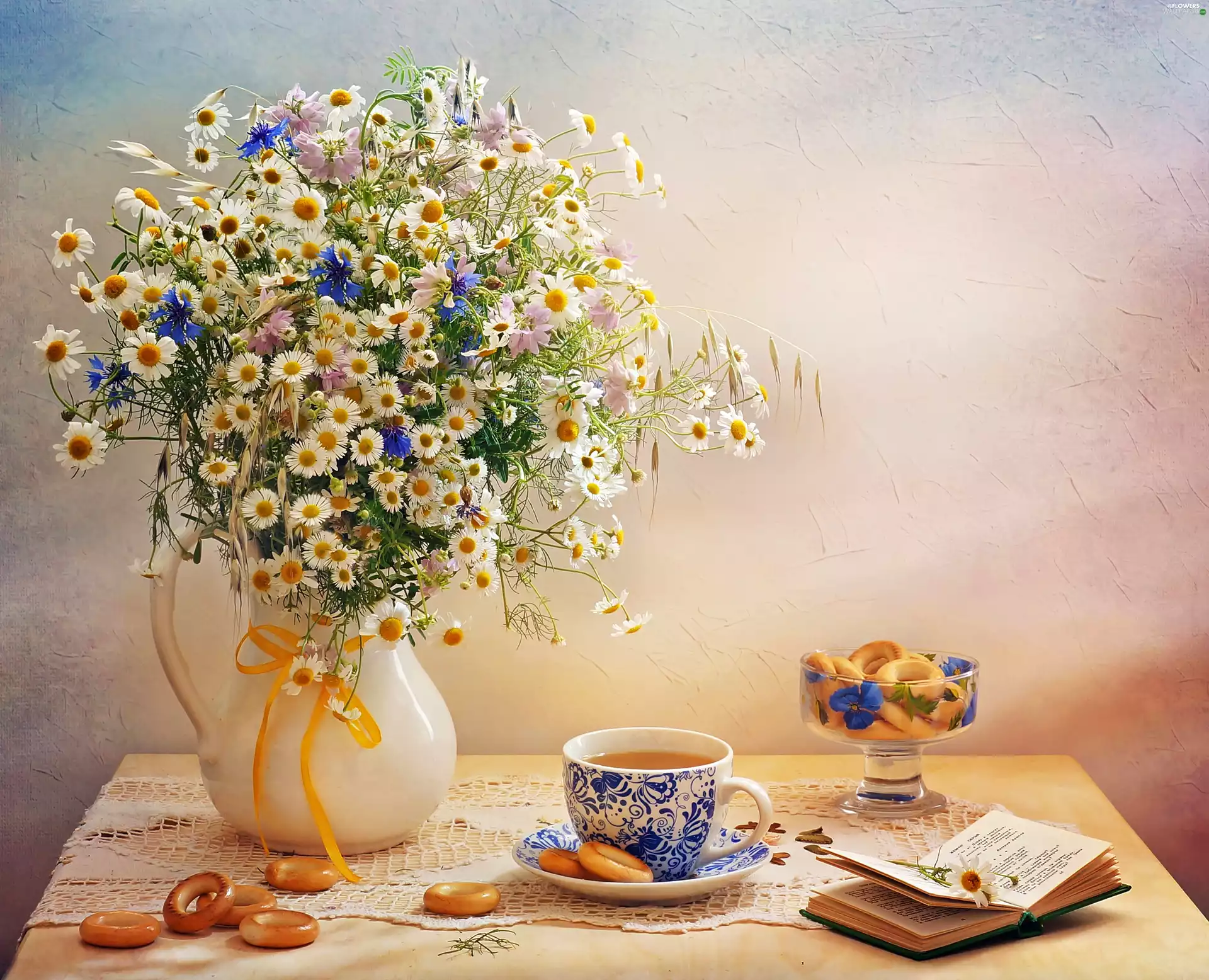 bouquet, tea, Cookies, flowers