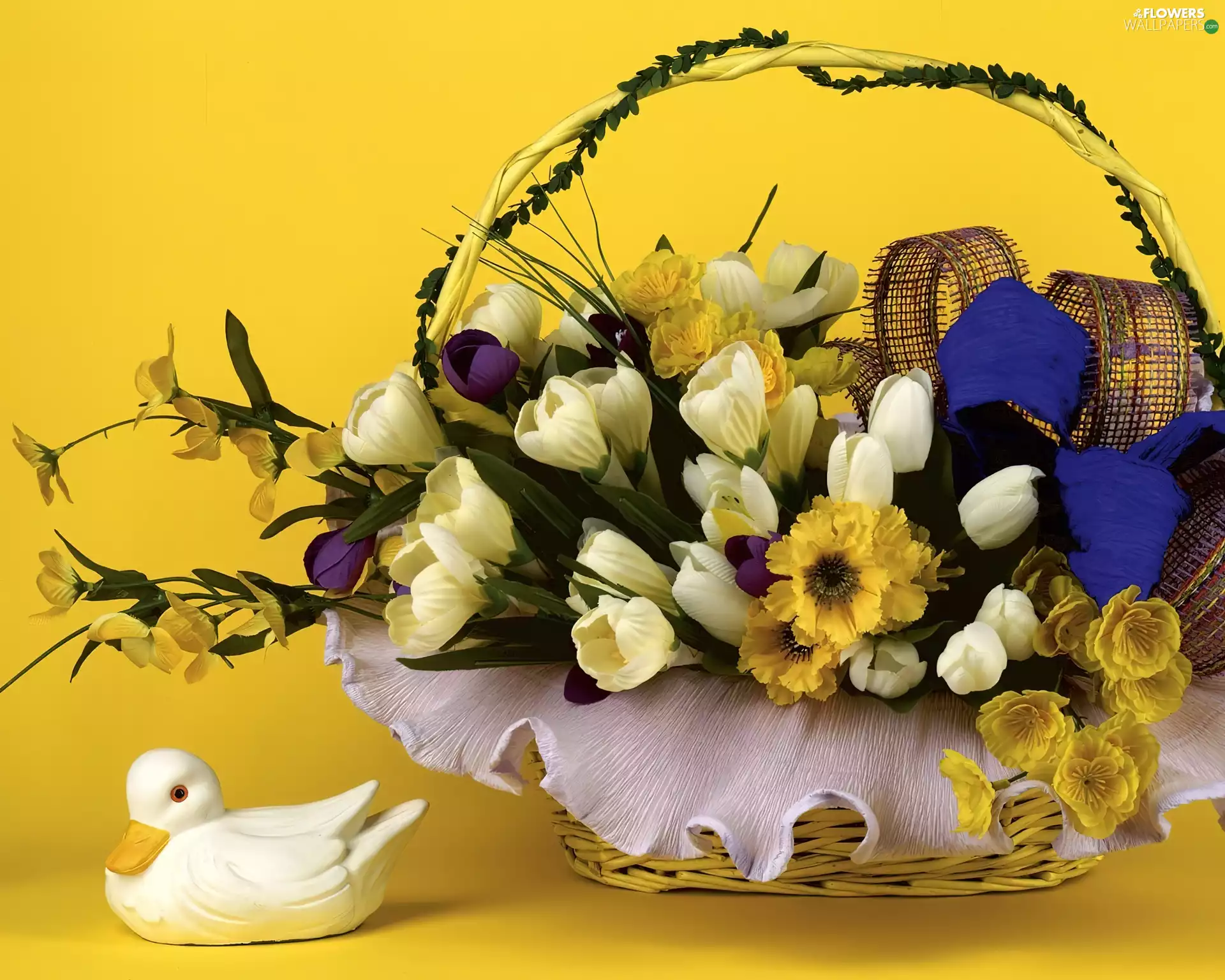 bouquet, basket, Ducky, flowers
