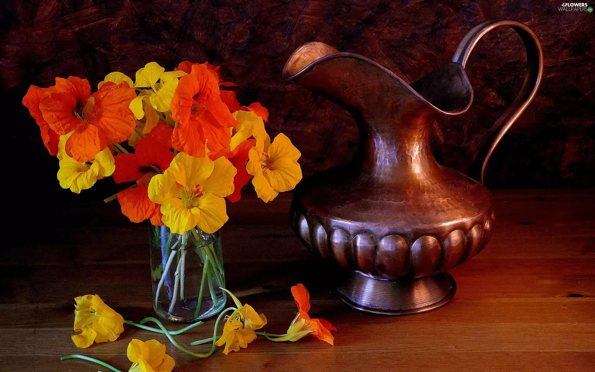 bouquet, nasturtiums, jug, Flowers