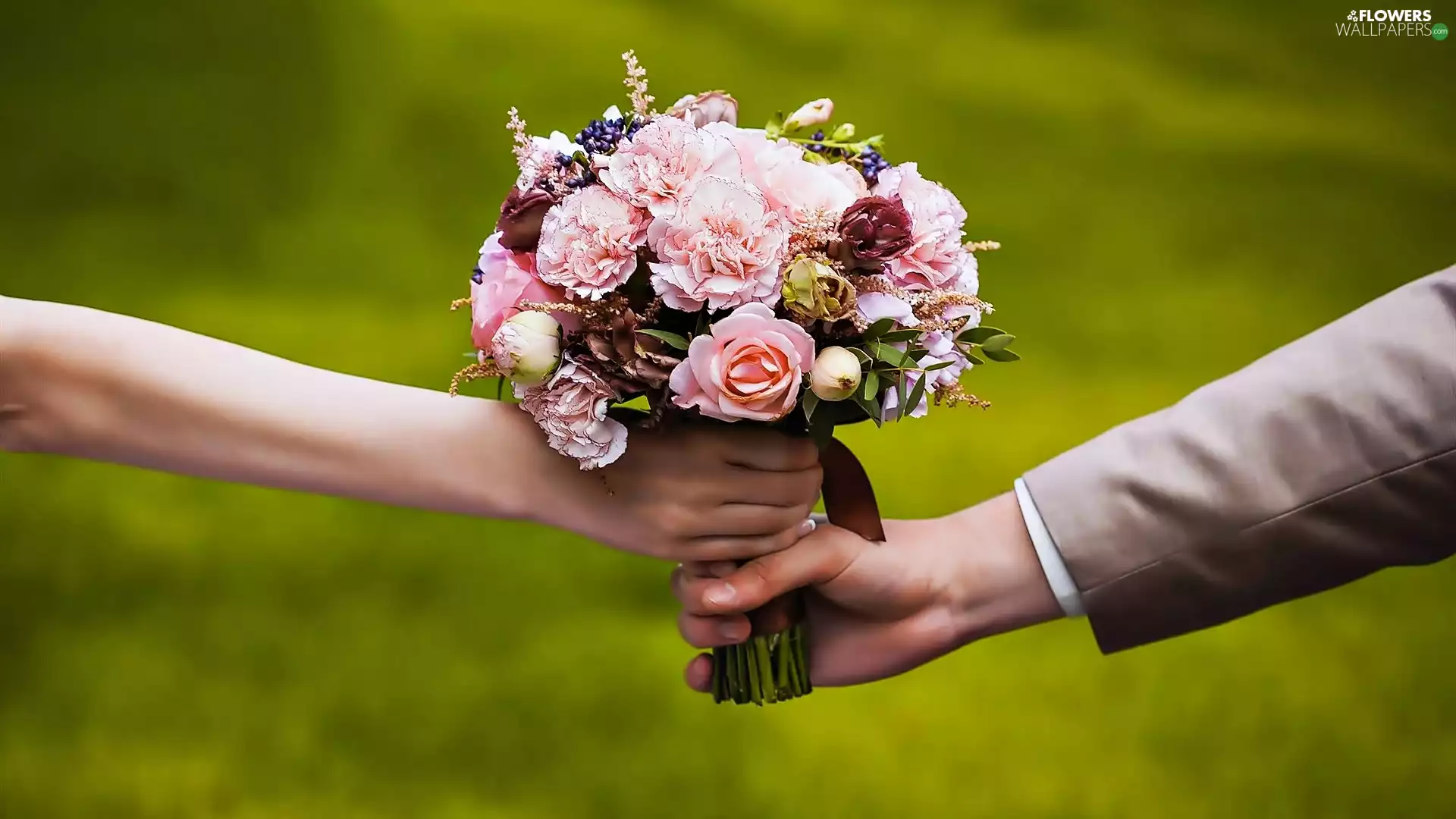 Women, a man, flowers, hands, bouquet