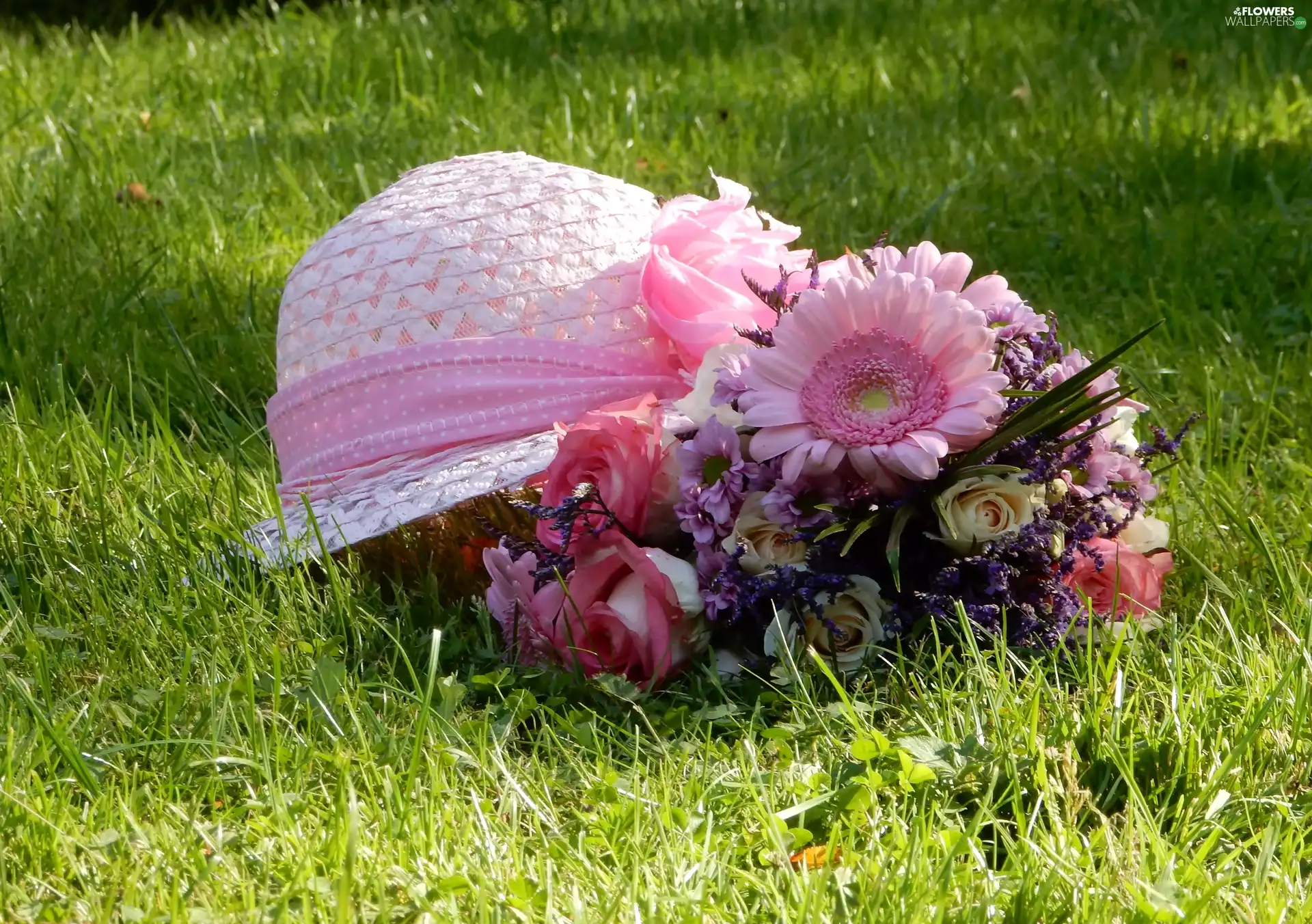 bouquet, Hat, Meadow, flowers