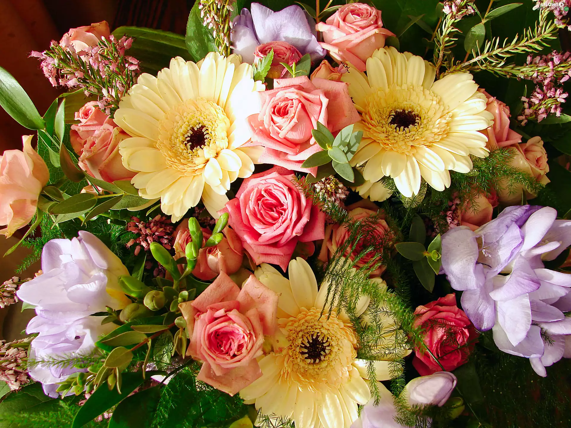 bouquet, gerberas, roses, flowers