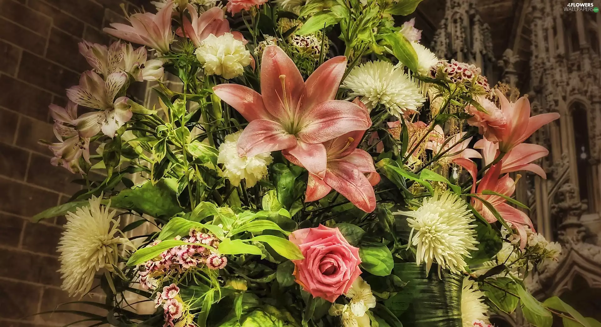 bouquet, lilies, roses, flowers