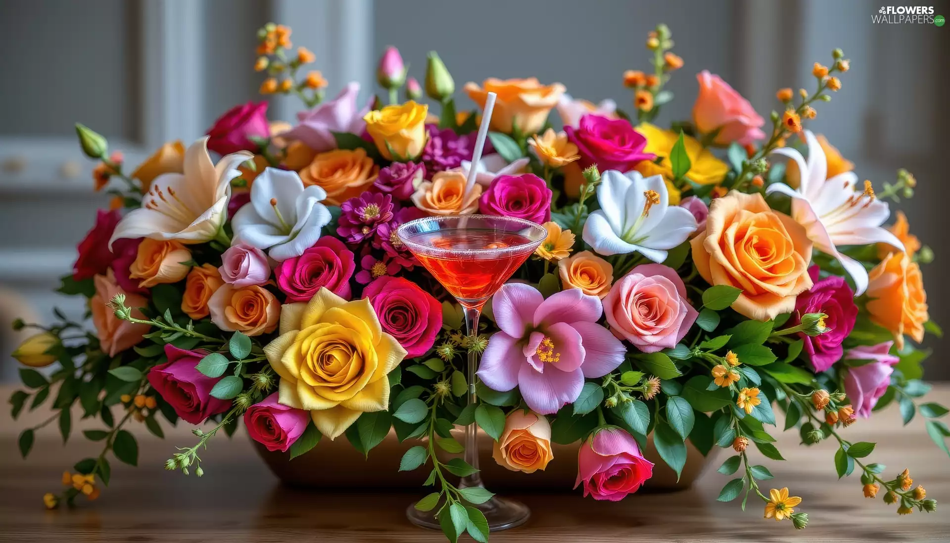 bouquet, Drink, Table, Flowers