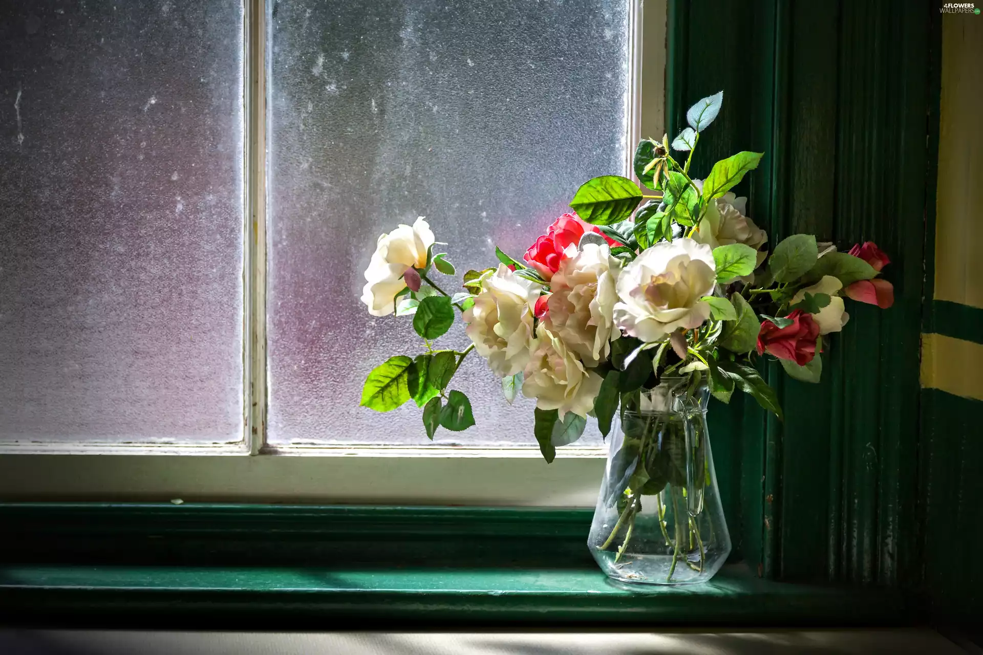 bouquet, roses, Window, flowers