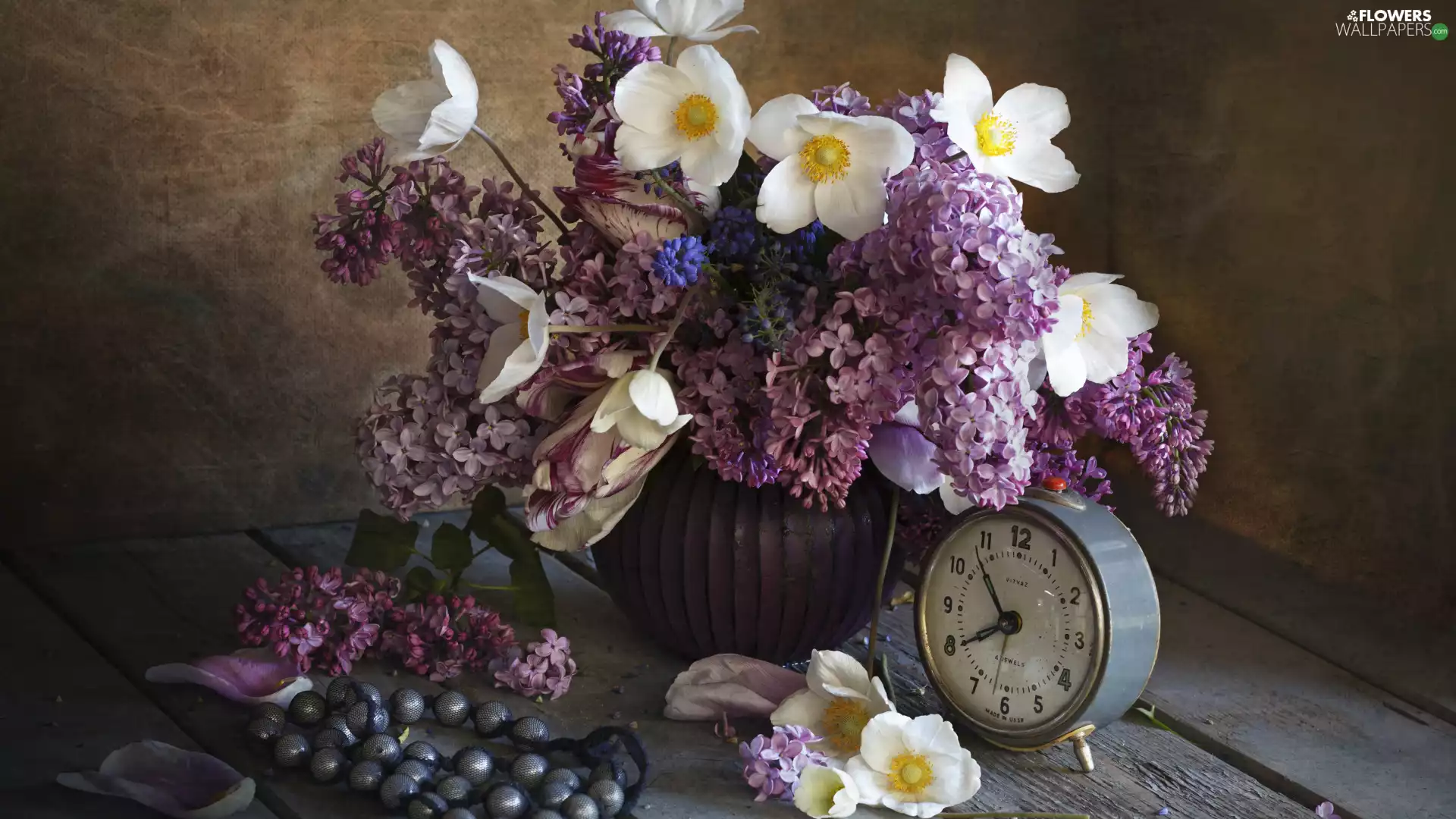 Flowers, alarm clock, Anemones, chaplet, without, bouquet, composition, Violet
