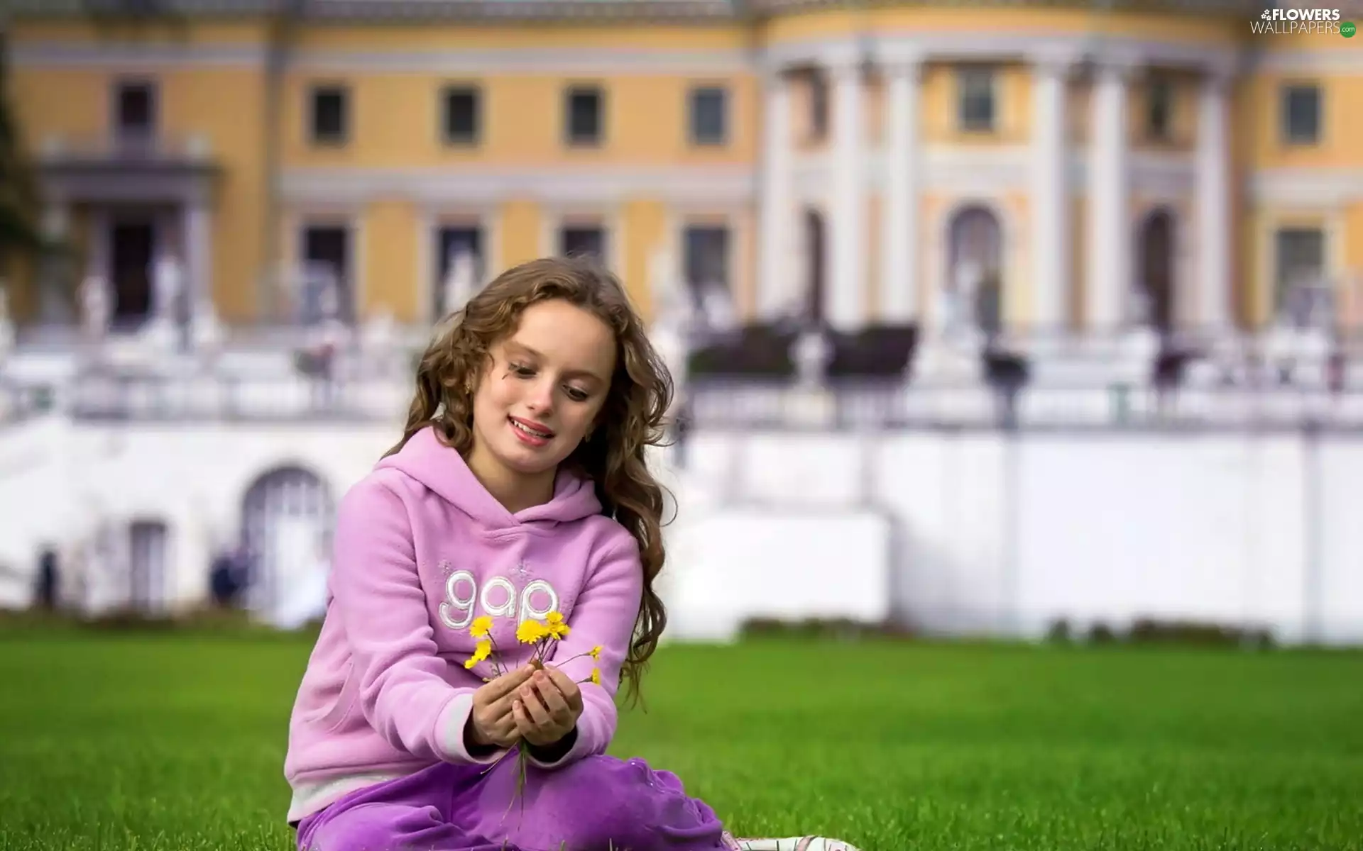 nun, Smile, building, Flowers, girl, Lawn, blur