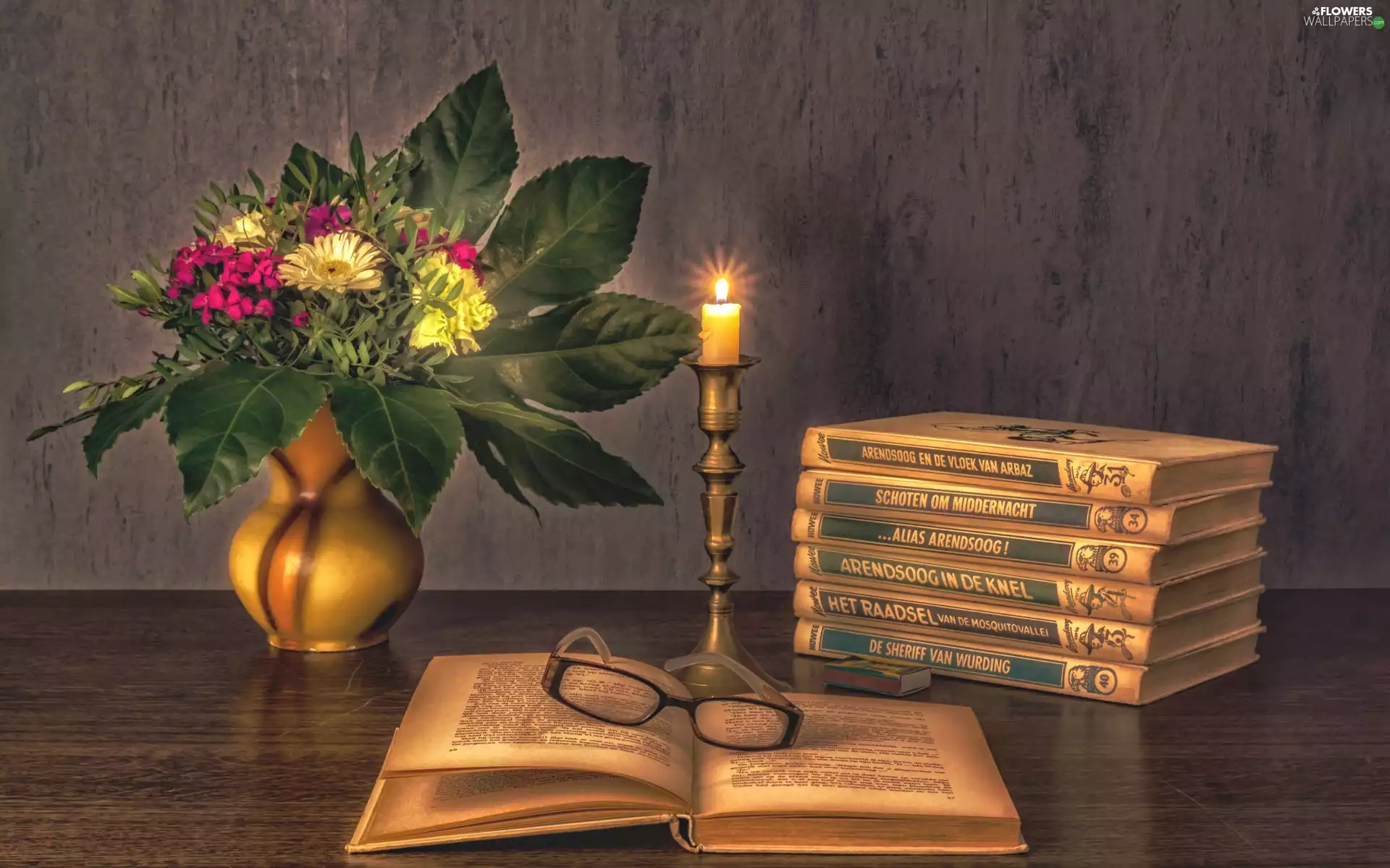 Books, bouquet, candle, Flowers, Vase, candlestick, Glasses
