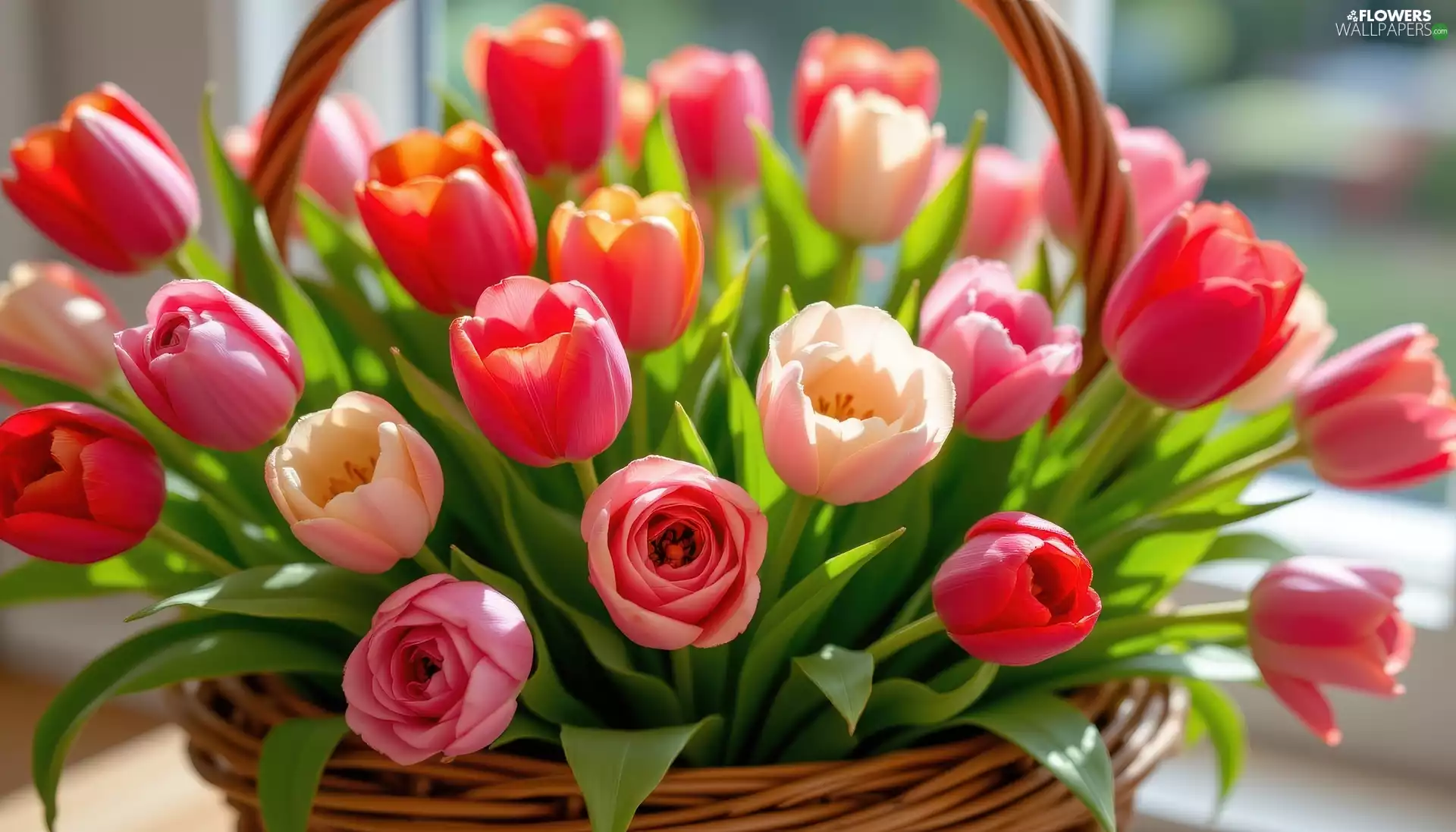 color, Tulips, basket, Flowers