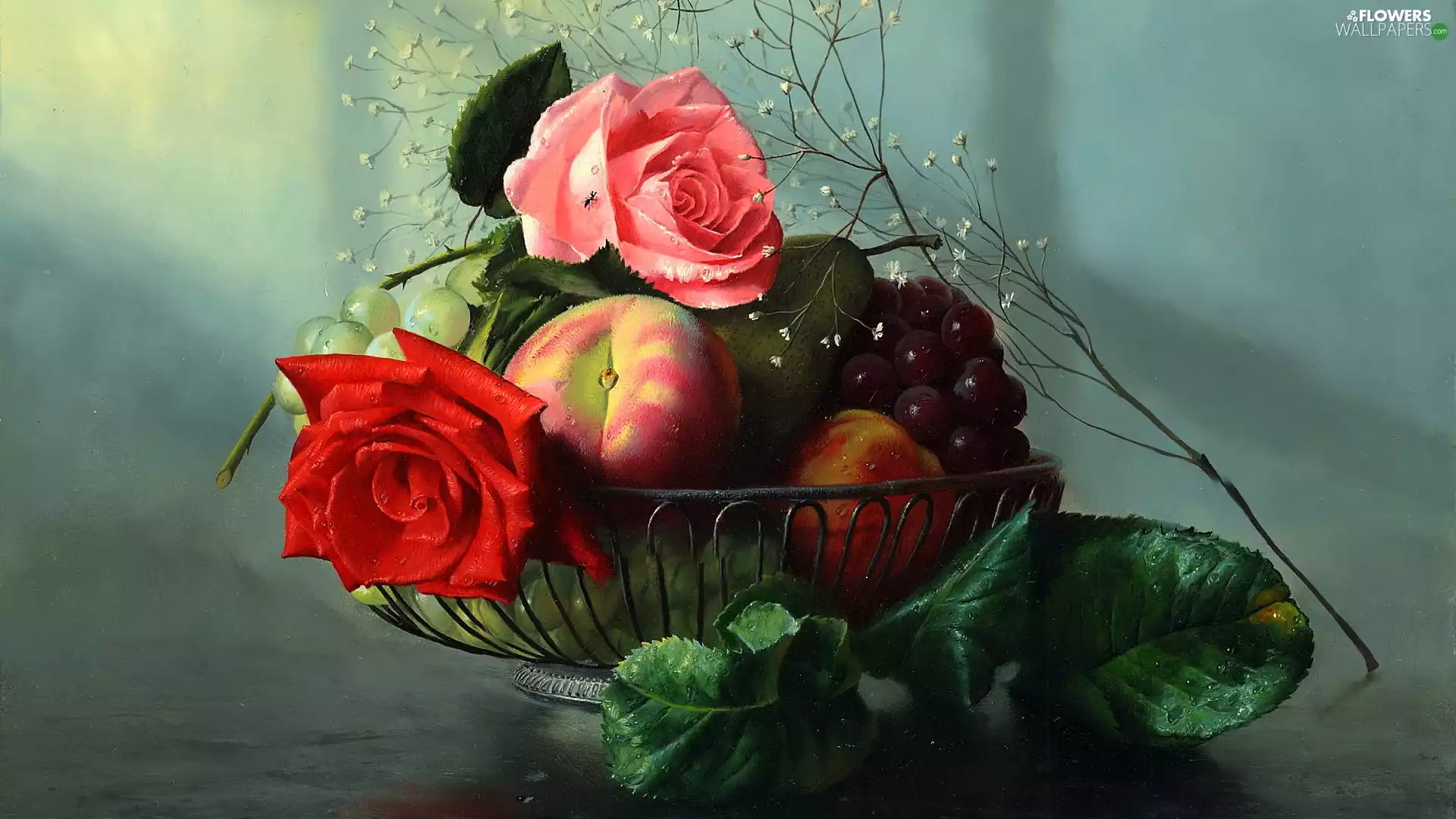 composition, roses, Fruits, Flowers