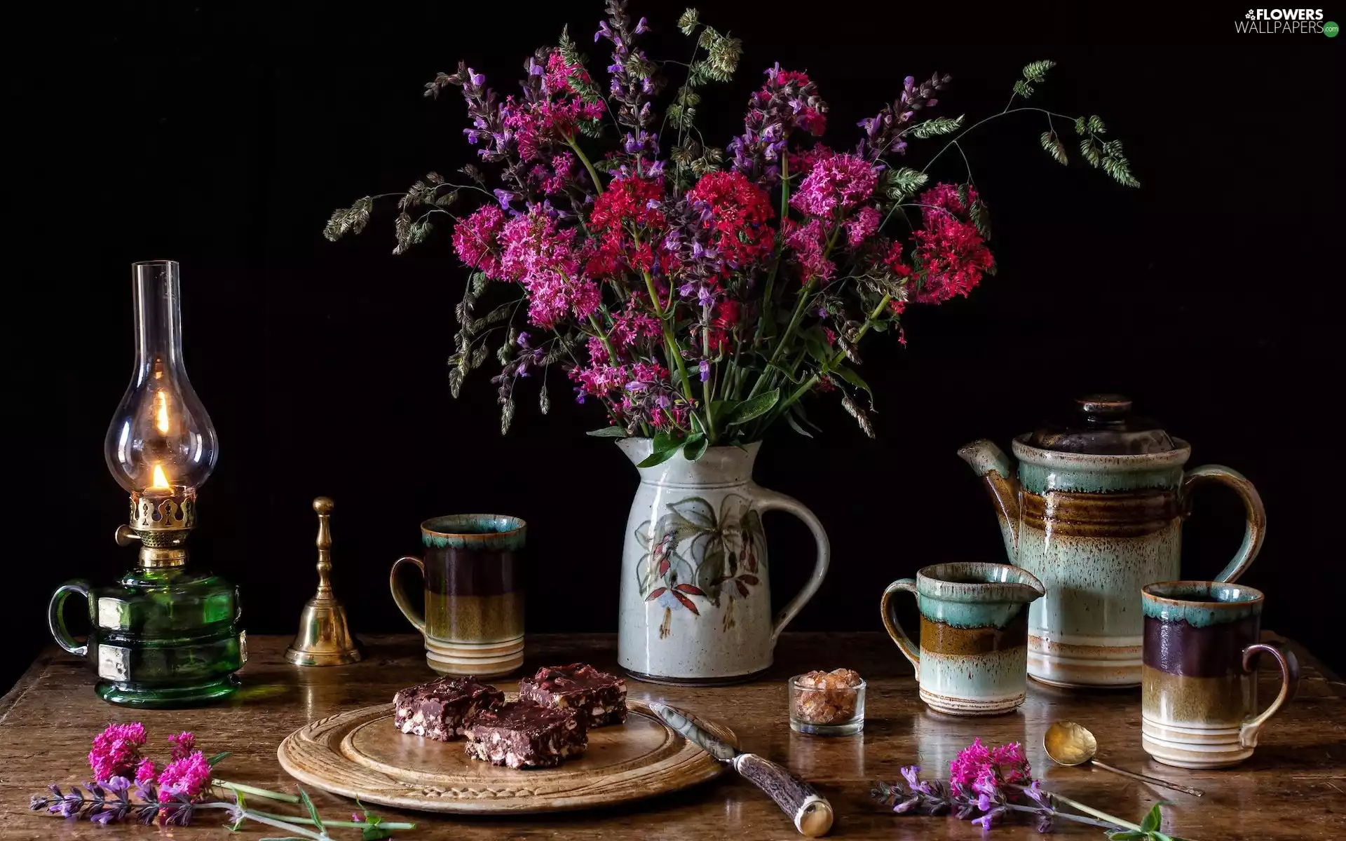 Lamp, composition, cups, cake, jug, Bouquet of Flowers