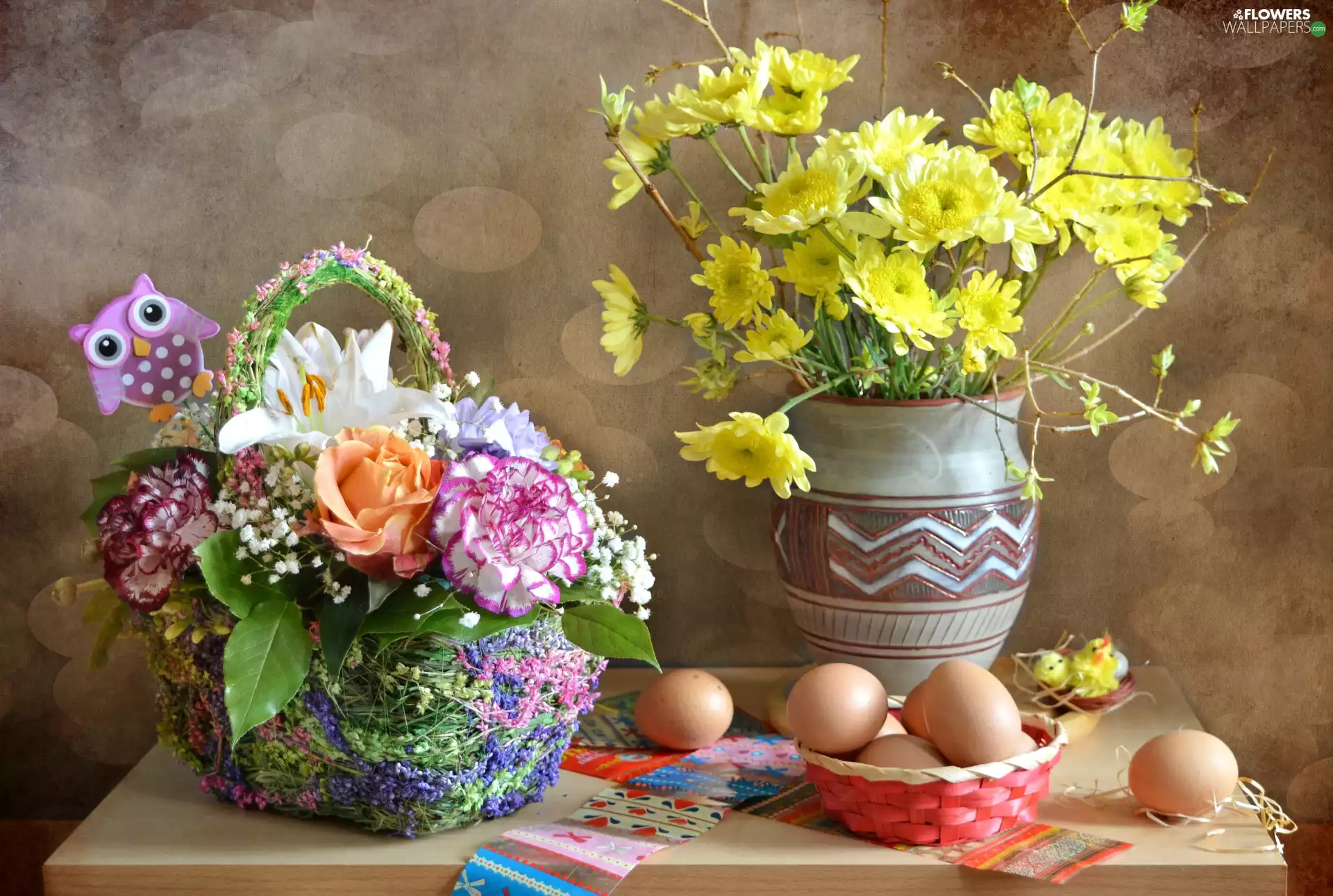 bouquet, Flowers, eggs, basket, Easter