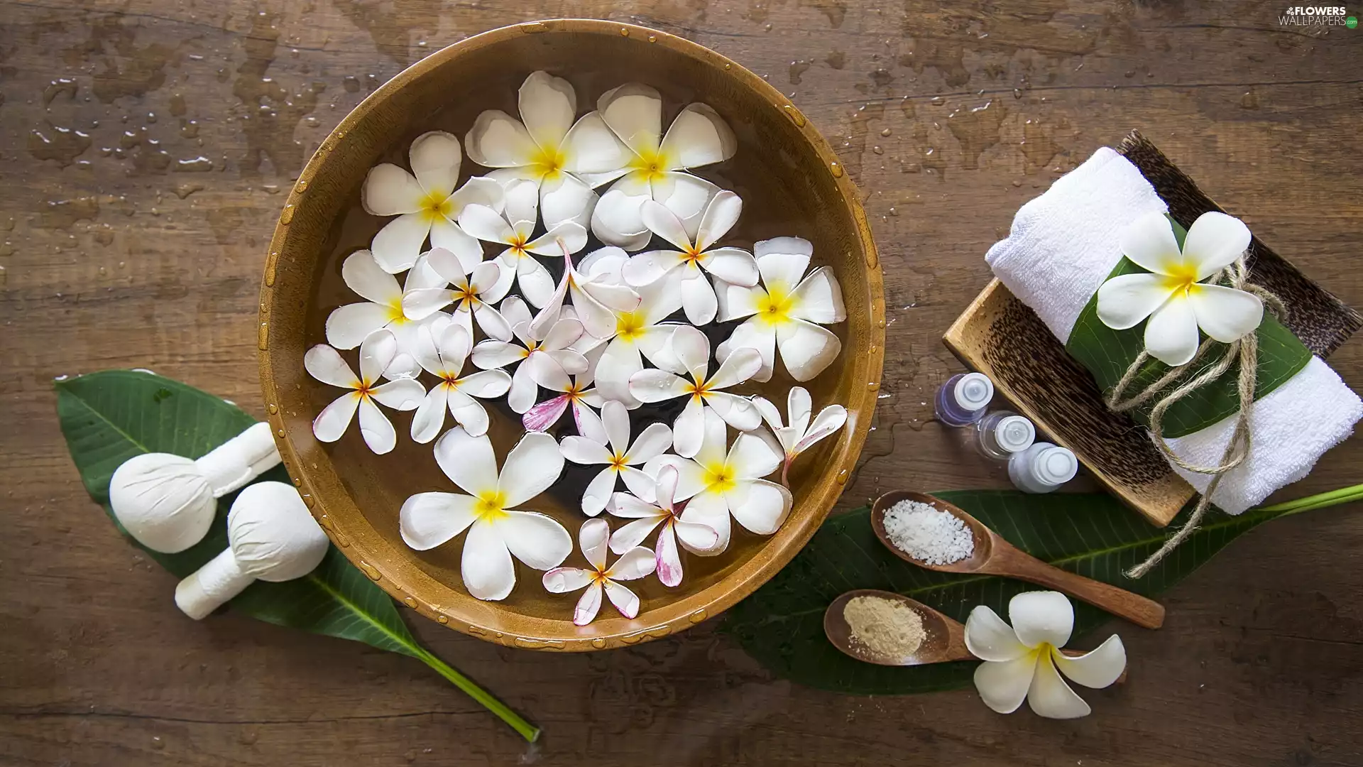 Plumeria, water, essential, Flowers, bowl, Towel, Wood