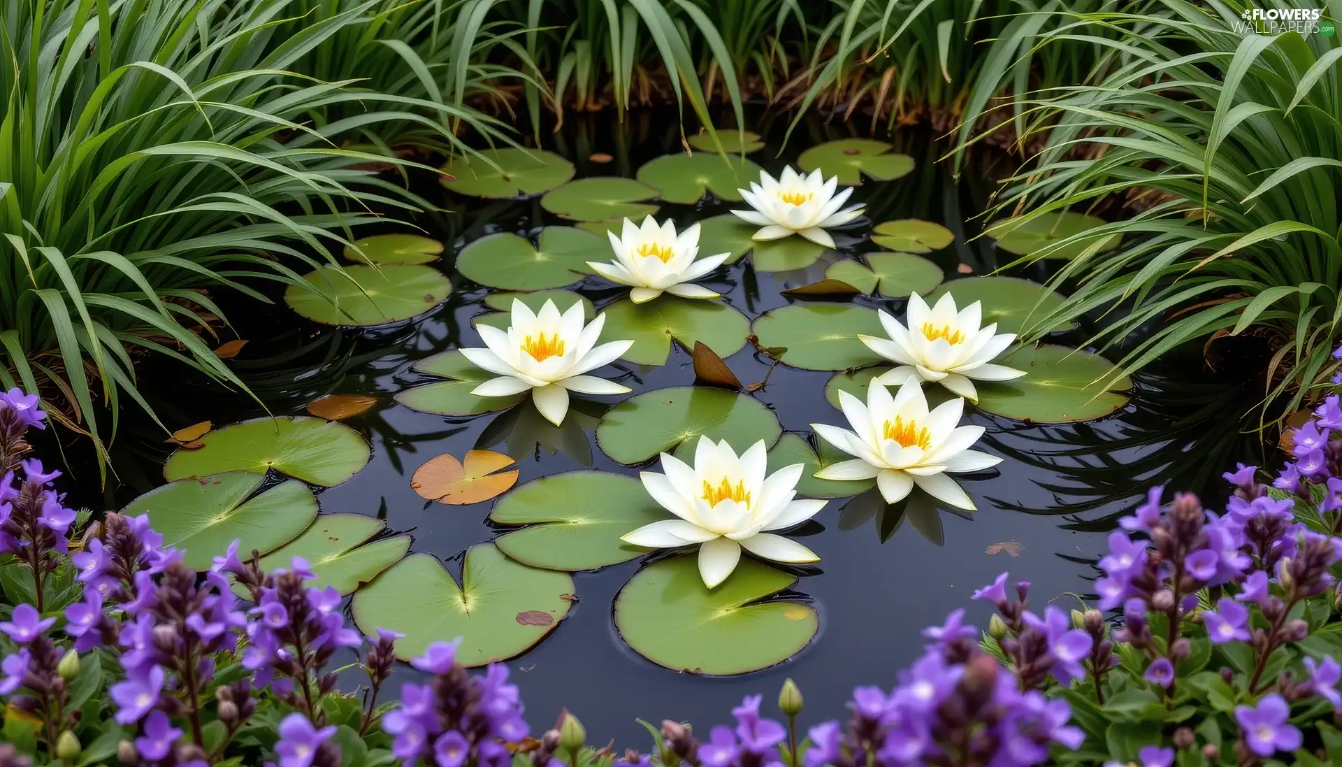 Water lilies, eye, Flowers, grass, Leaf, White
