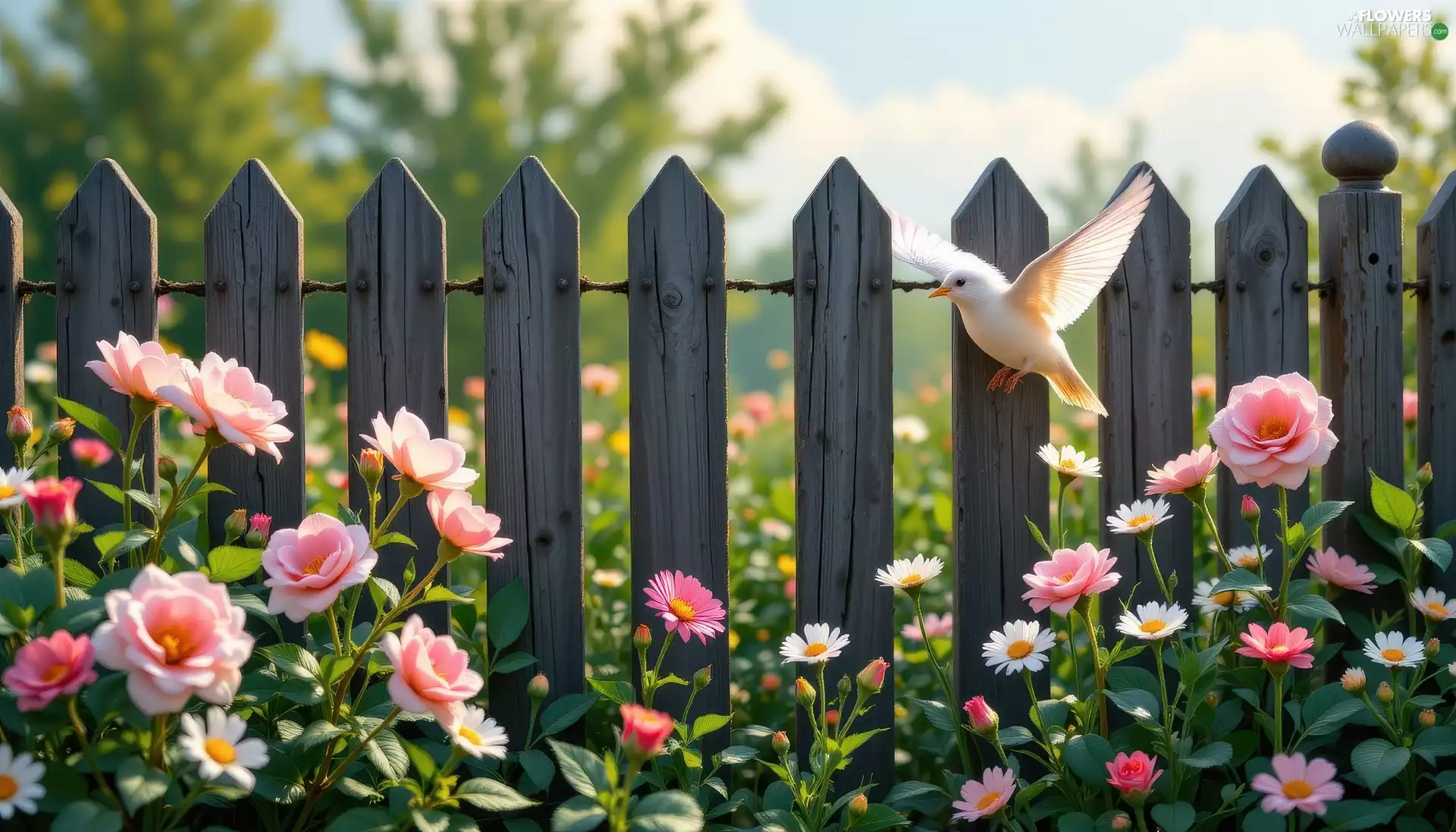 Fance, roses, Bird, Flowers