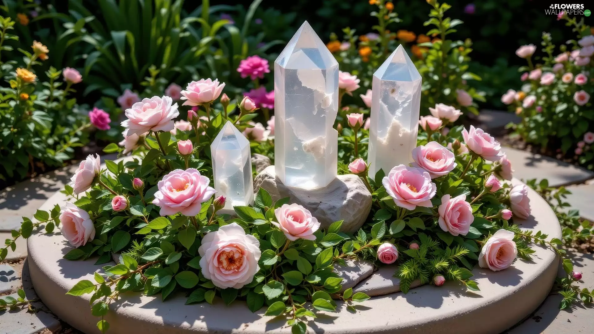 roses, crystals, Garden, Cones, Plants, Pink, Rabatka, Flowers