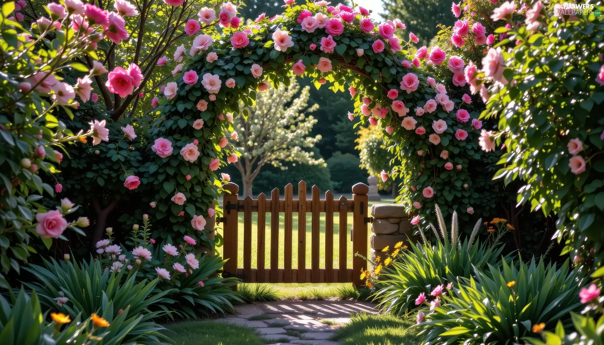 Garden, roses, fence, Flowers