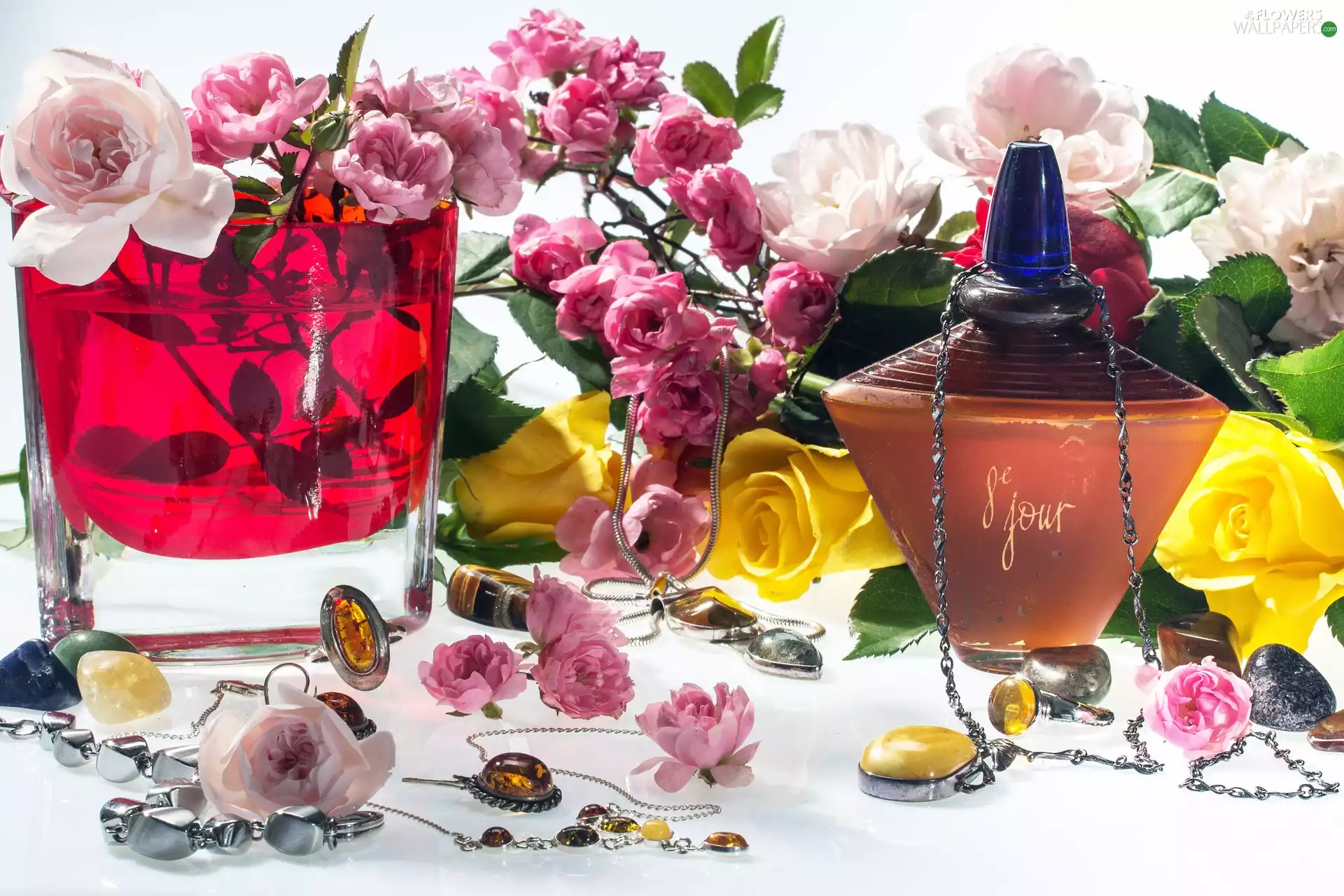 jewellery, roses, perfume, Flowers