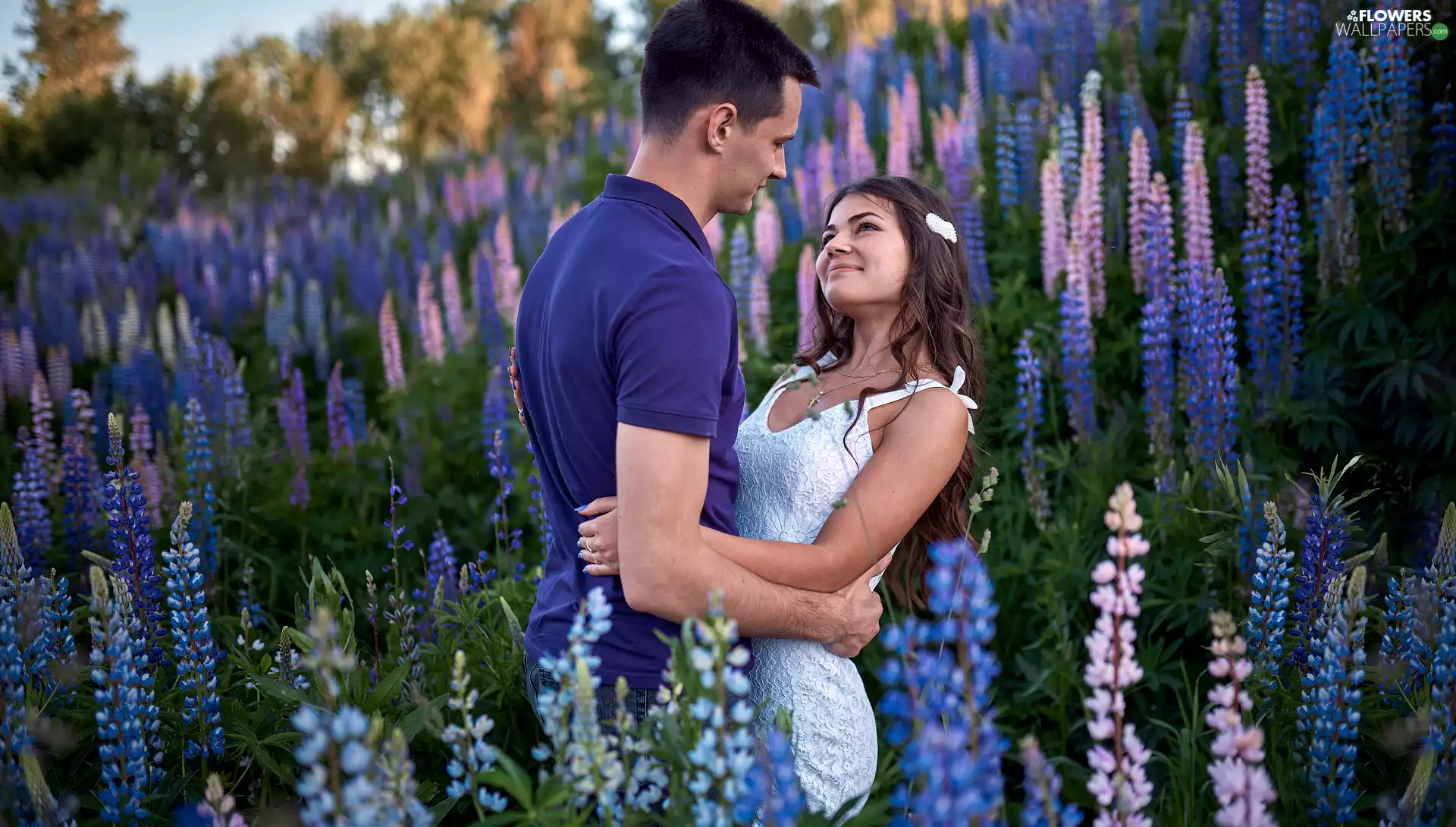 Women, Flowers, lupine, a man