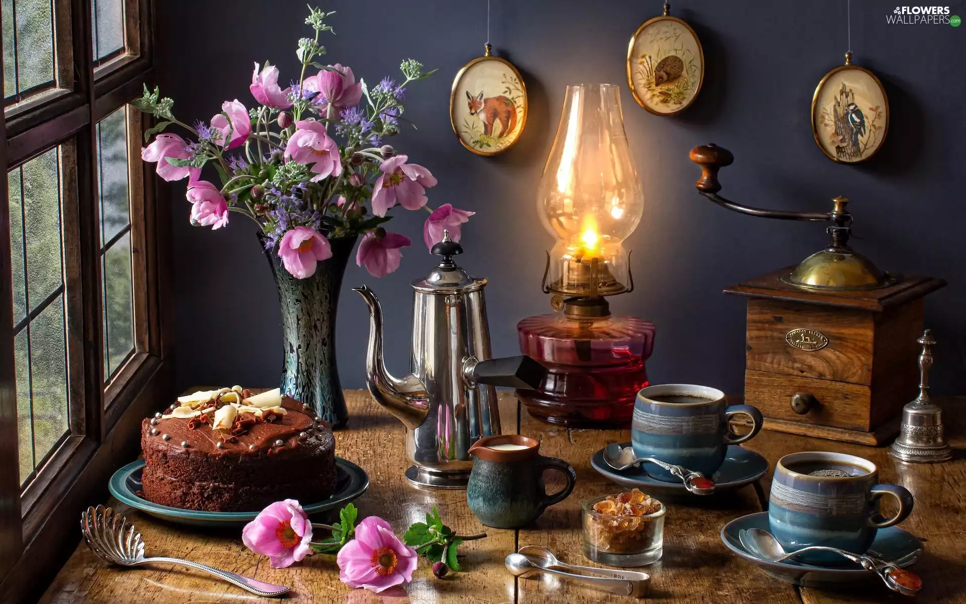 cups, composition, cake, jug, Vase, Anemones, Flowers, mill, Lamp, bouquet, Tableware