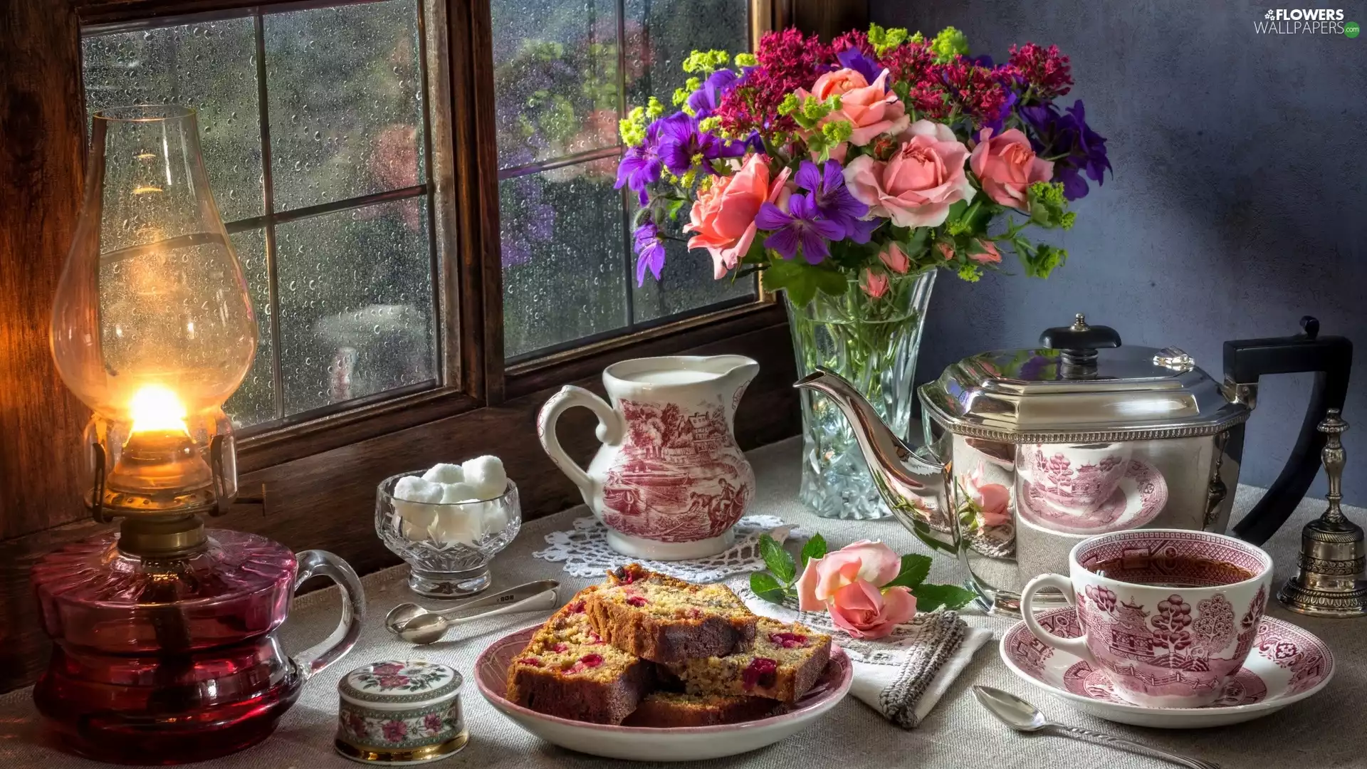Flowers, china, Window, cake, cup, bouquet, Oil Lamp, jug