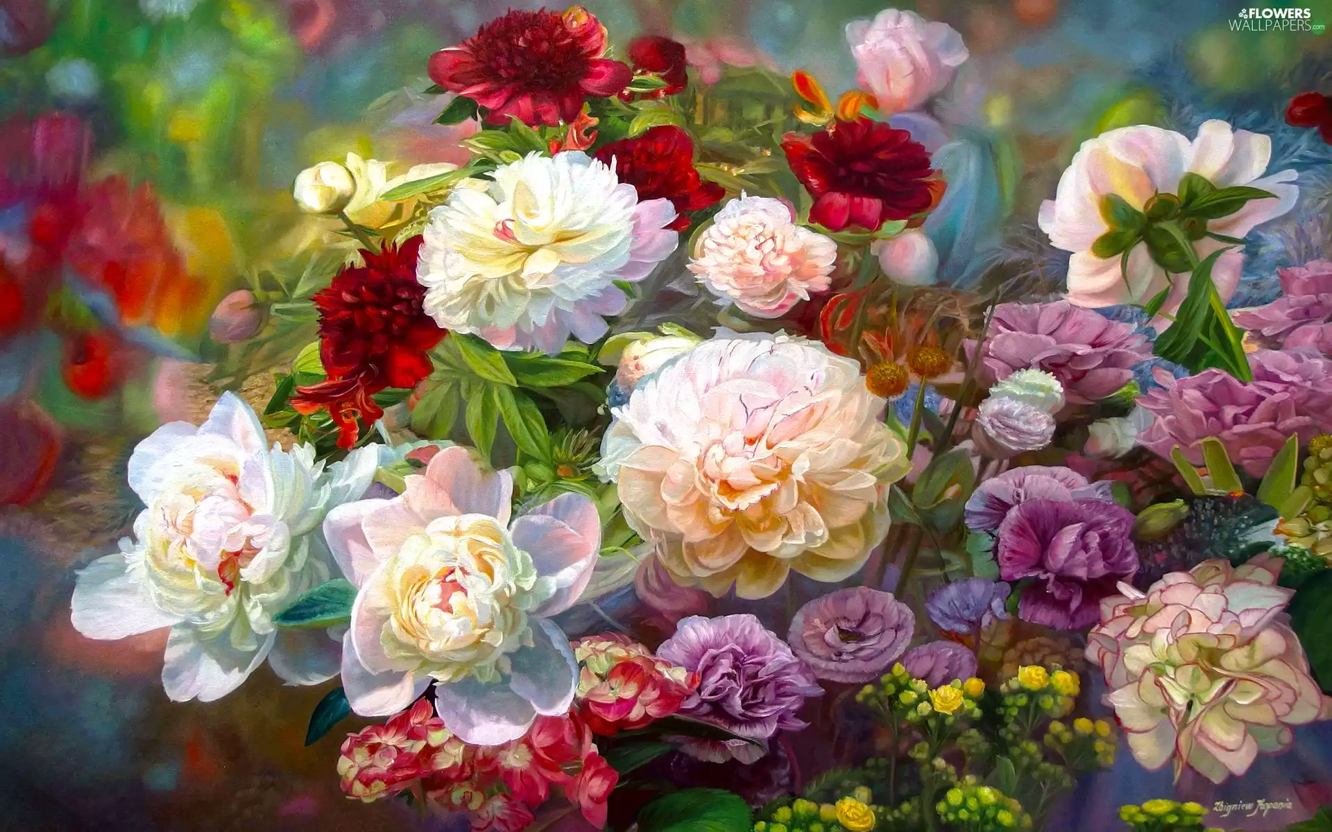 Zbigniew Kopania, painting, Flowers, bouquet, Peonies, picture