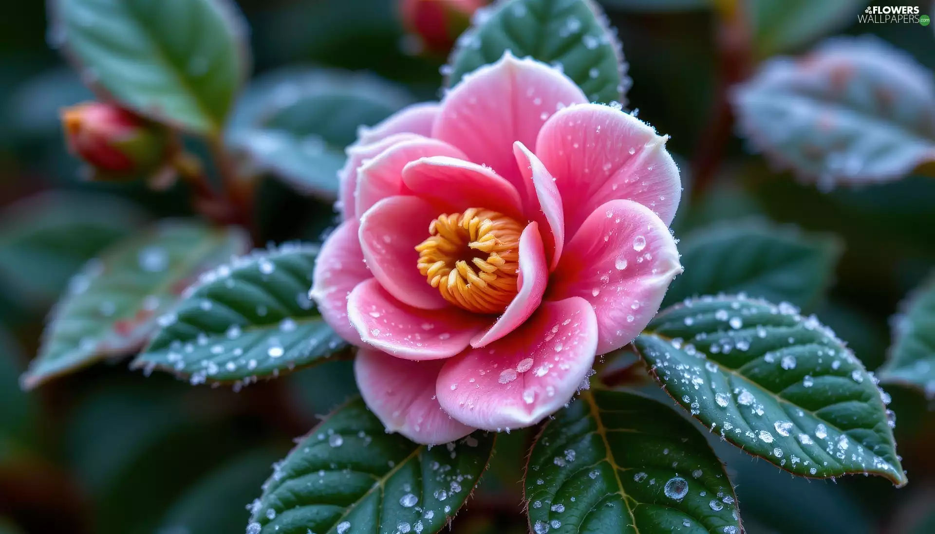 leaves, drops, Colourfull Flowers, camellia, Pink