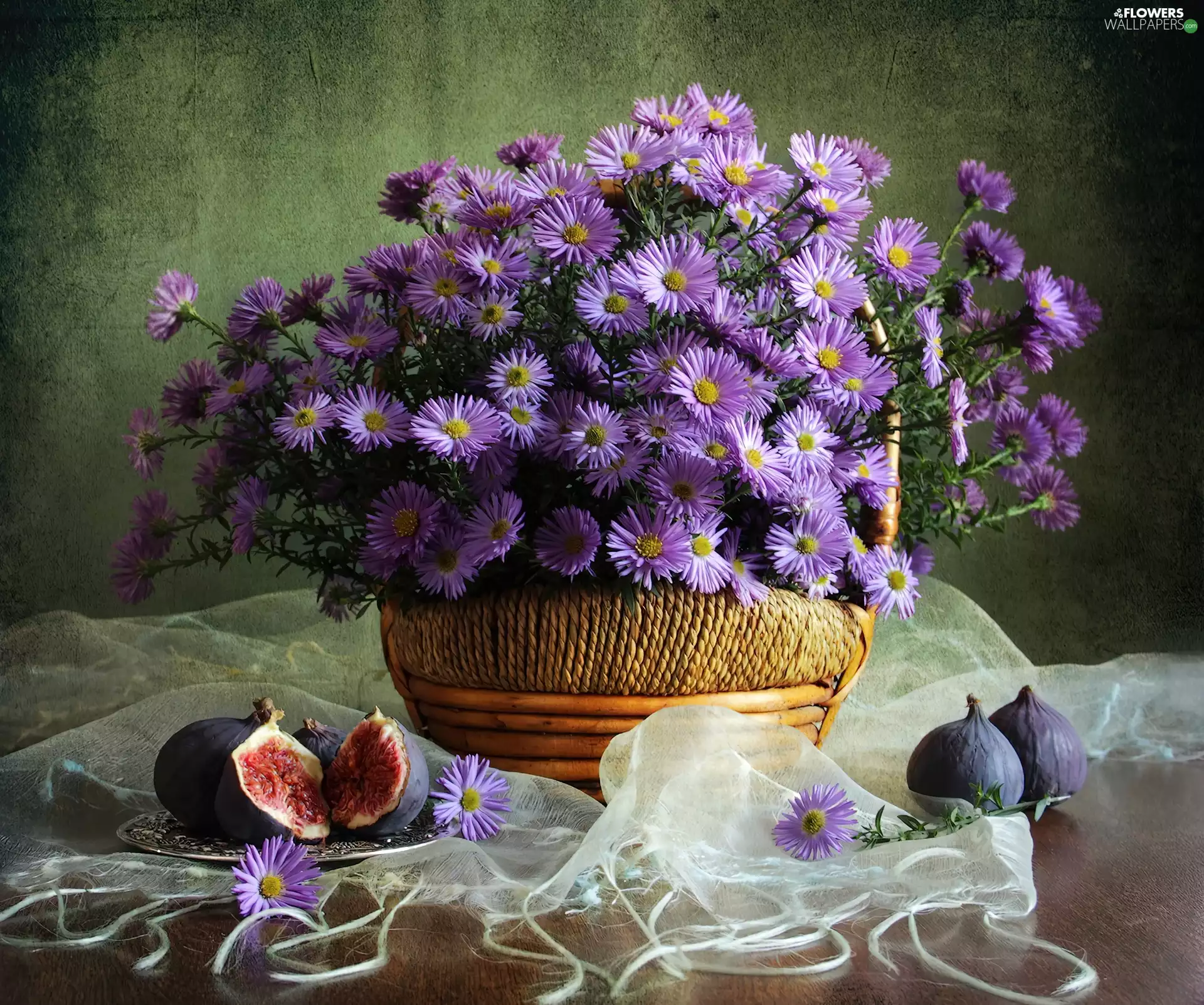 purple, Astra, basket, Flowers