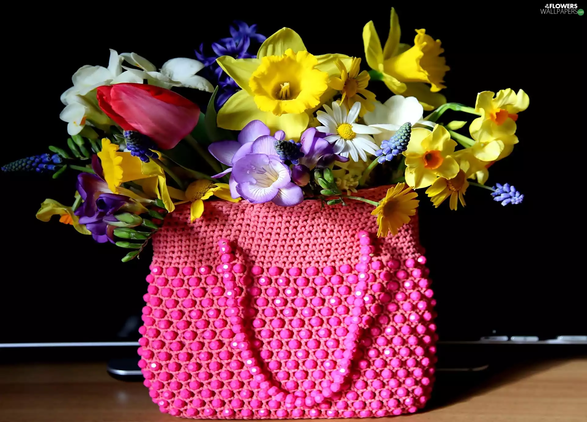 spring, flowers, Purse, bouquet, coral