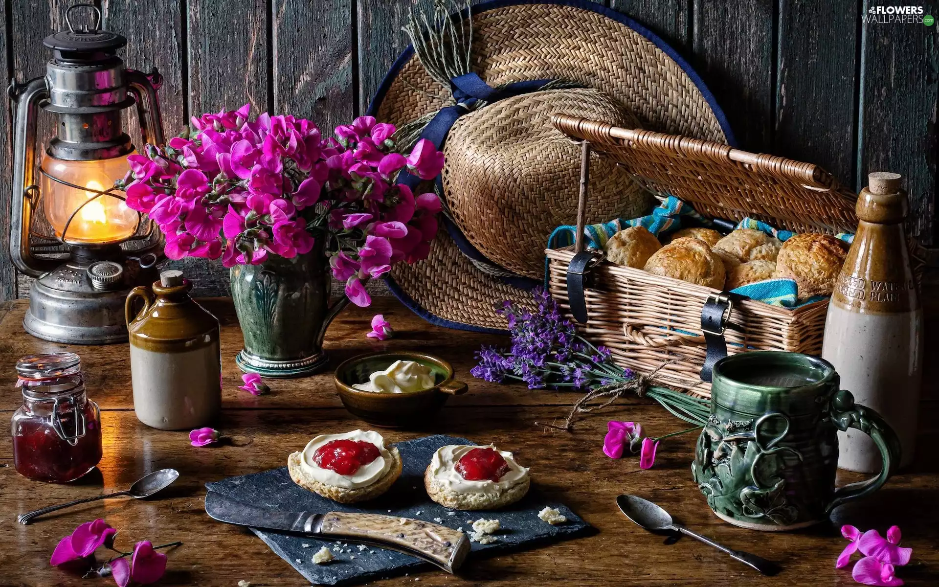 Lamp, composition, Roll, Jam, Hat, Bouquet of Flowers