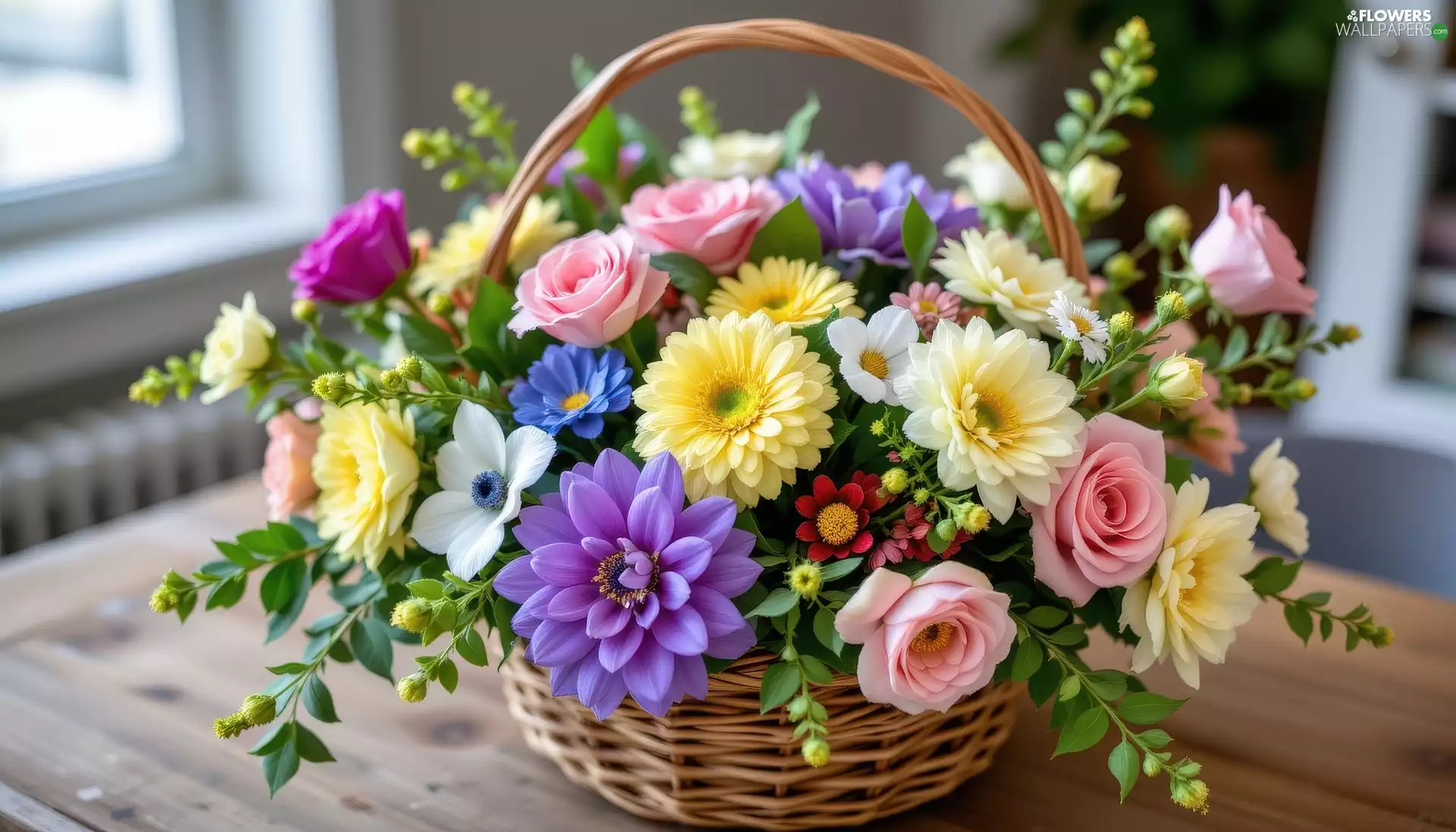 wicker, color, Table, Flowers, bouquet, basket, Window