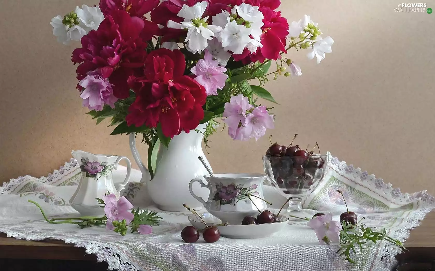 Peonies, bouquet, Vase, flowers, composition, cherries, jug
