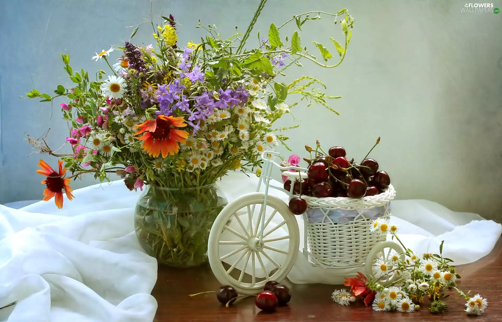 cherries, composition, Vase, Decorated Bike, Bouquet of Flowers