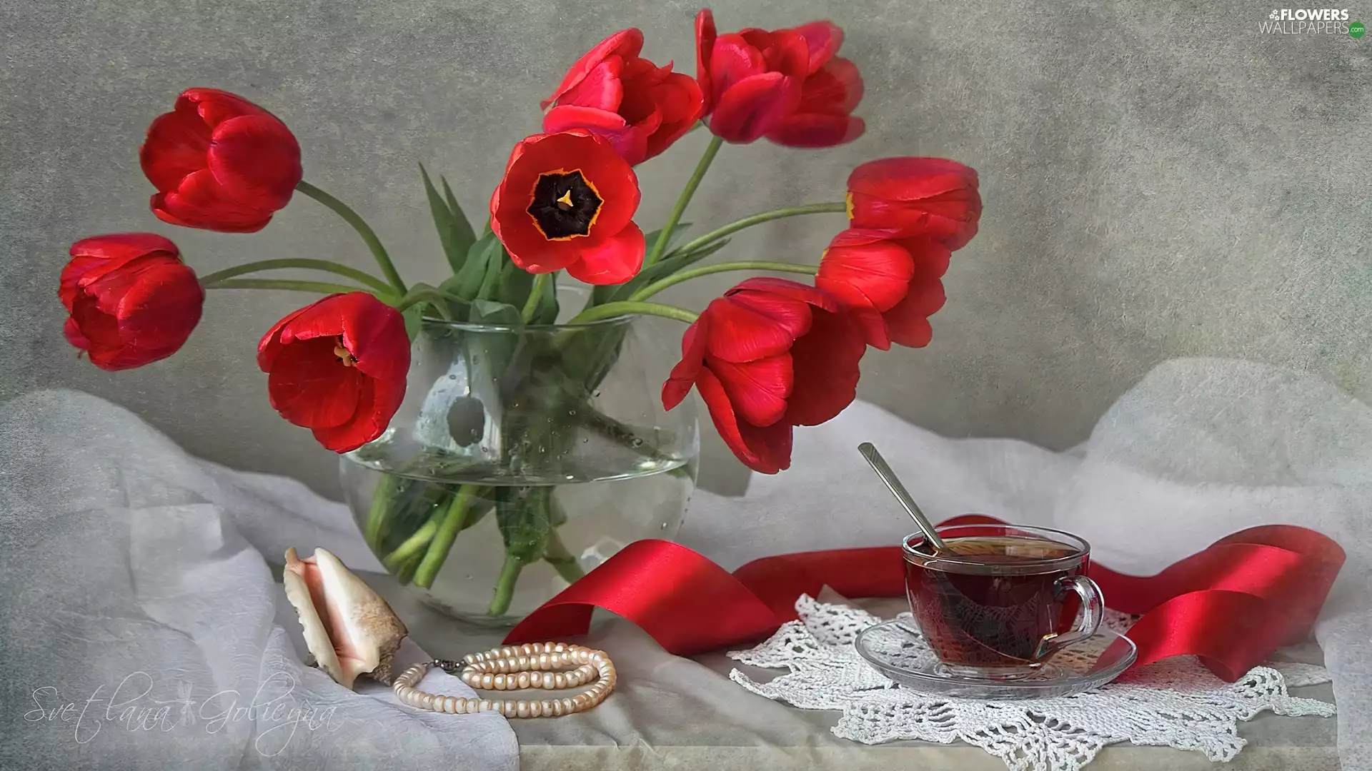 Vase, Tulips, tea, Flowers